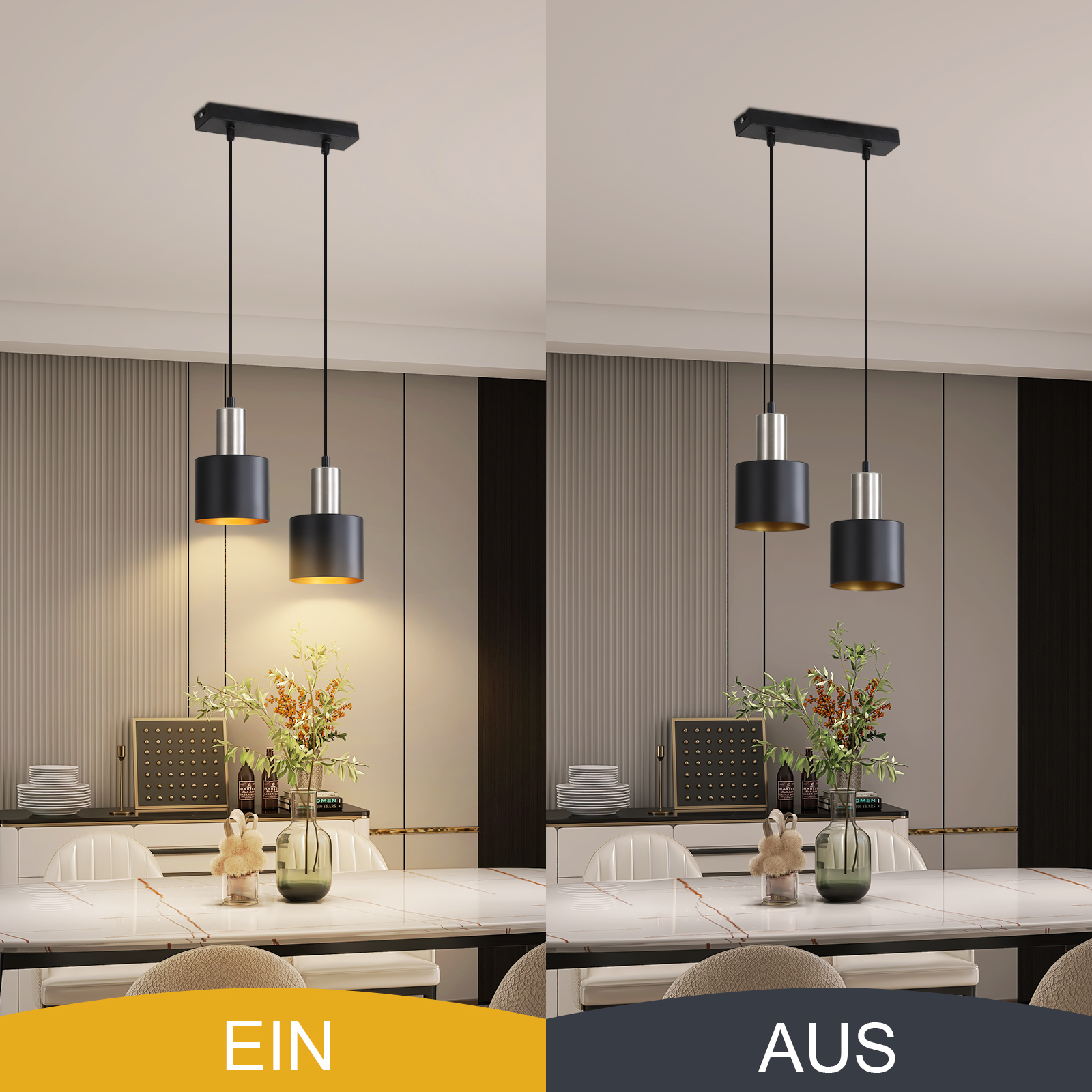 Zwei schwarze und silberne Pendelleuchten über einem Esstisch. Eine ist beleuchtet. Der Tisch hat eine Vase mit Blumen und anderen Dekorationen.