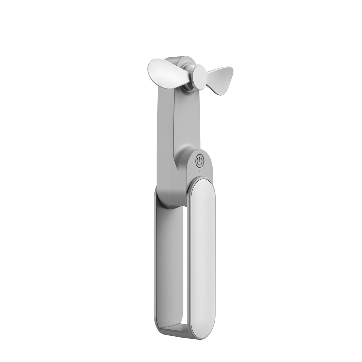 Ein grau-weißer tragbarer Ventilator. Er hat einen Ein-Aus-Knopf, einen Griff und zwei Lüfterblätter. Der Hintergrund ist weiß.