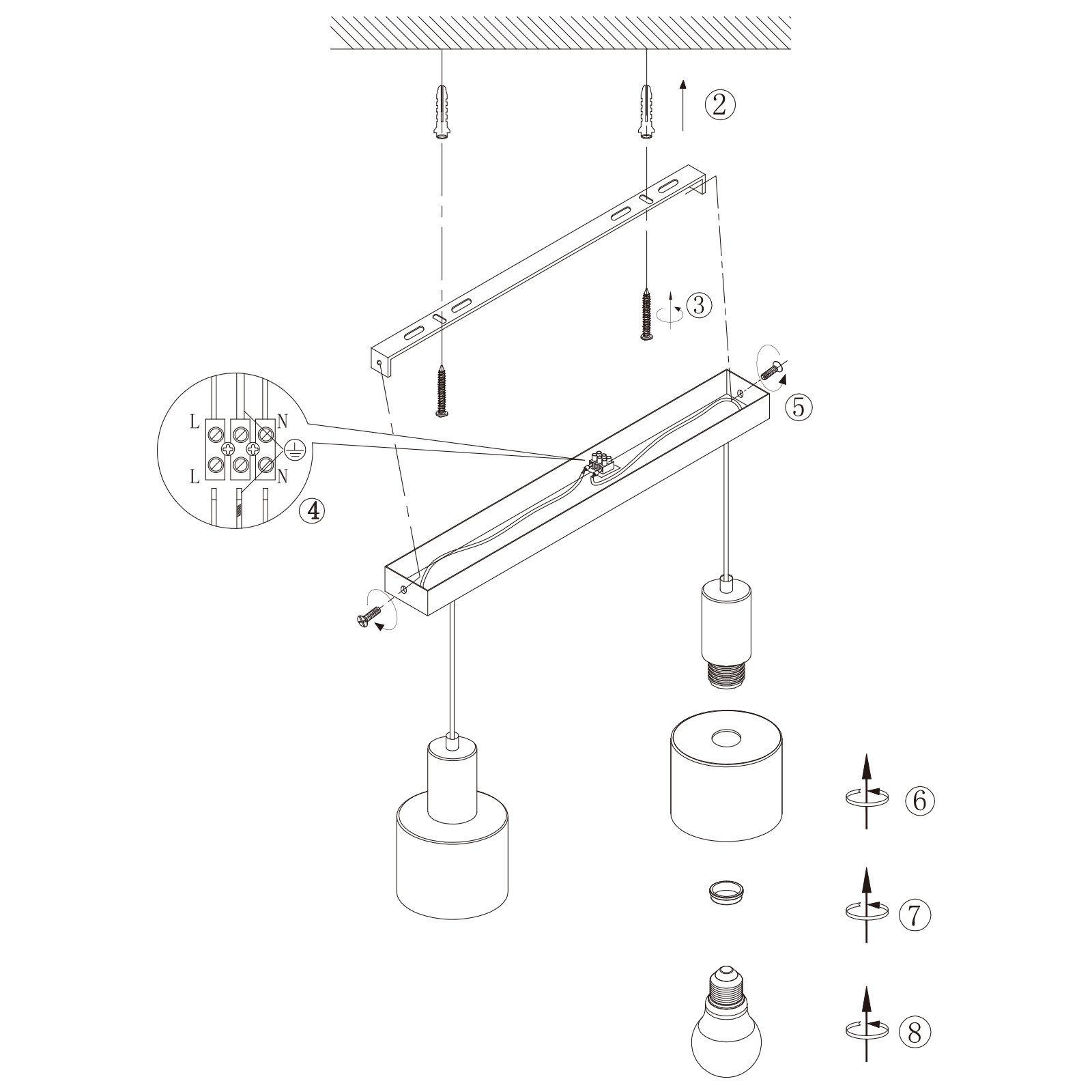 Diagramm einer Lampenbaugruppe mit beschrifteten Teilen, einschließlich Schrauben, Deckenhalterung und elektrischen Anschlüssen.