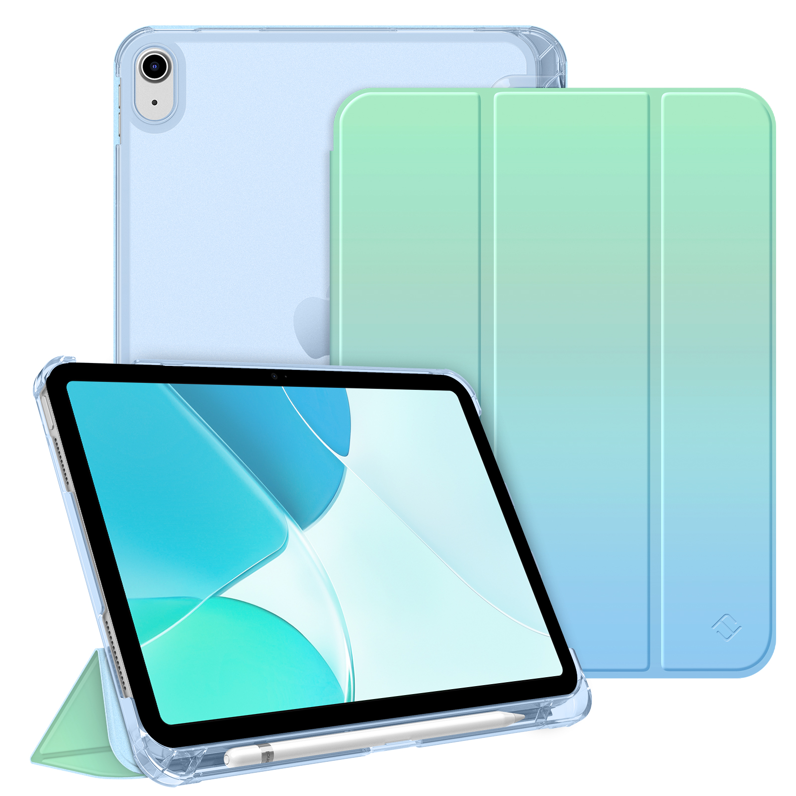 Ein iPad mit klarer Hülle und grün-blauer Abdeckung. Ein Stift liegt unten. Zusätzliche iPads befinden sich im Hintergrund.