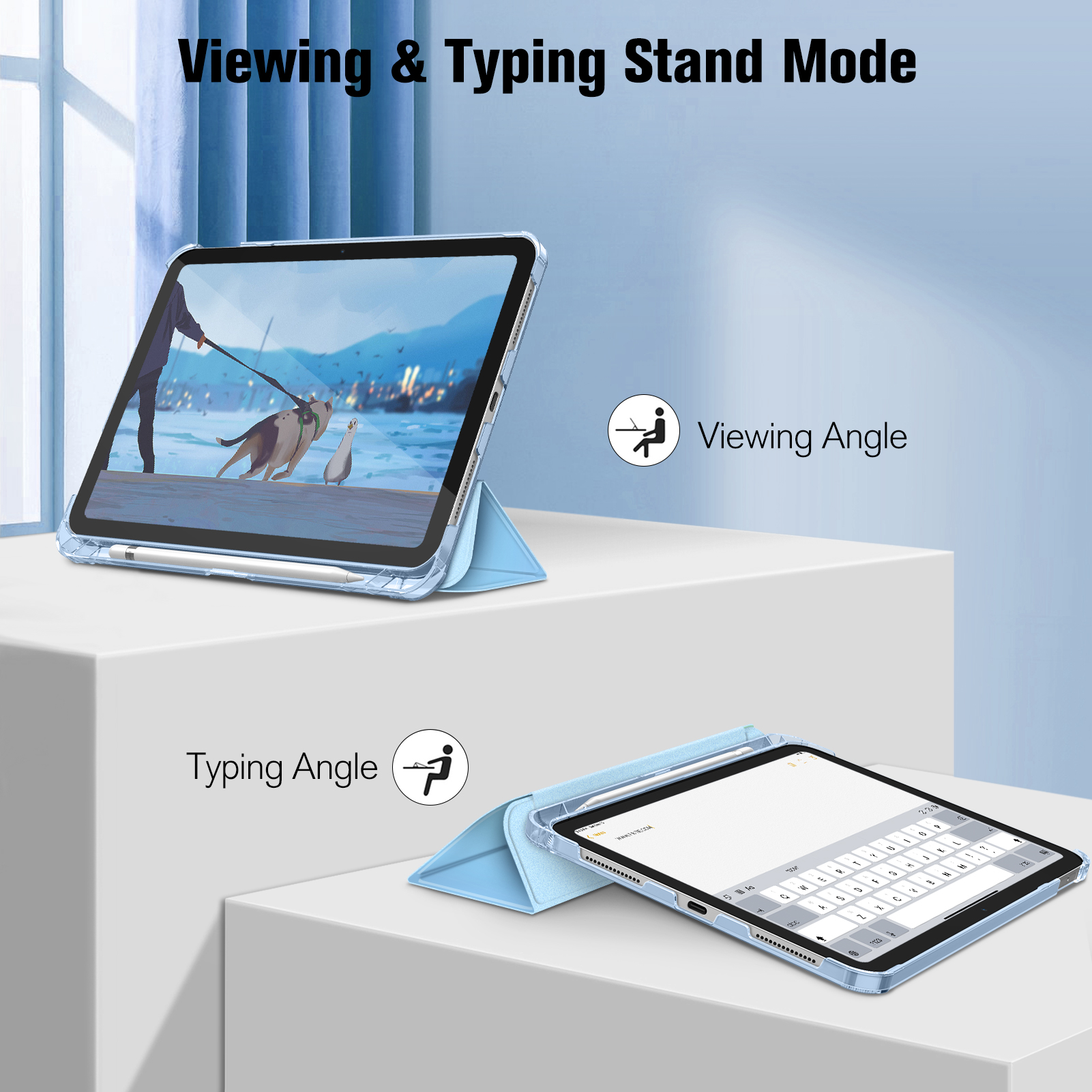 Tablet in blauem Gehäuse, das den Betrachtungs- und Schreibmodus zeigt. Das Display zeigt eine Zeichnung eines Hundes und eines Pinguins.