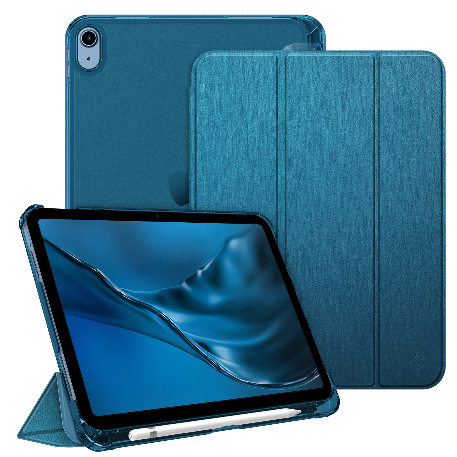 Blaues iPad mit Hülle und Stift. Zwei weitere Hüllen befinden sich dahinter. Der Bildschirm zeigt einen blauen Flüssigkeitseffekt.
