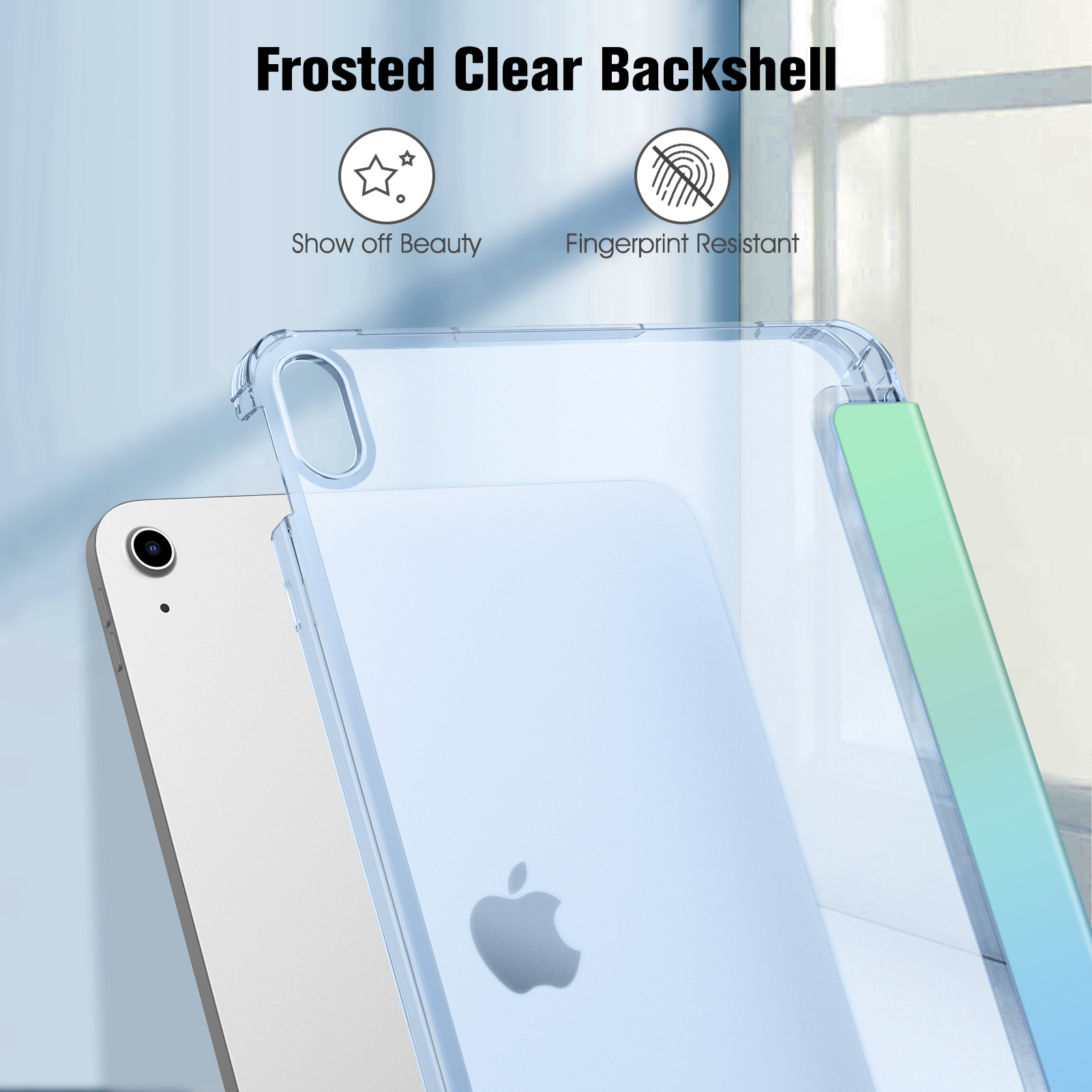 Klare iPad-Hülle mit gefrosteter Rückseite. Ein iPad ist hinter der Hülle sichtbar. Text: Frosted Clear Backshell. Zeigen Sie Schönheit, Fingerabdruckresistent.