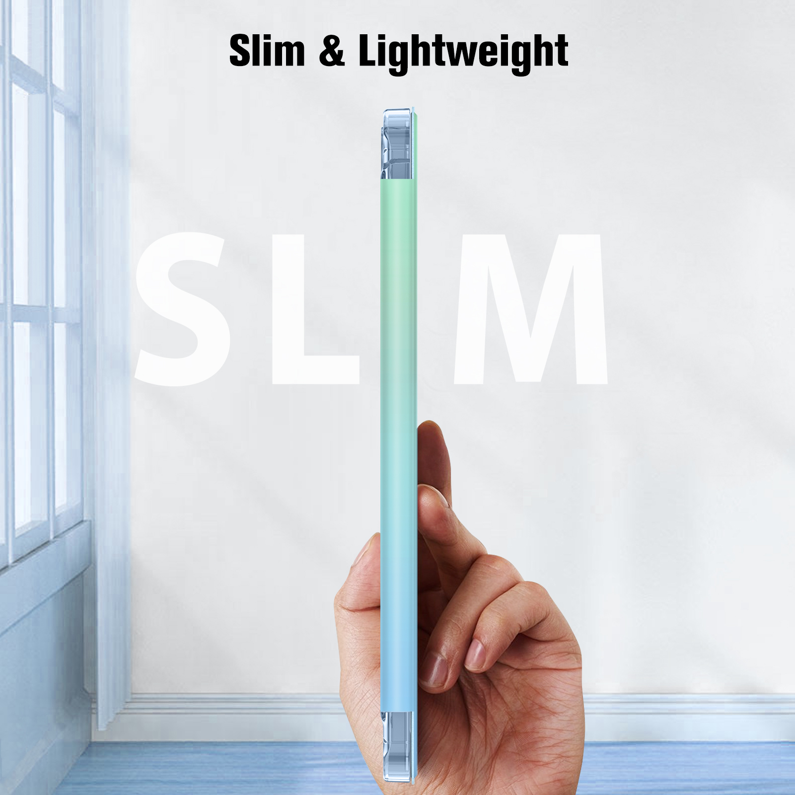 Eine Hand hält eine schlanke, blau-grüne Handyhülle. Der Text lautet 'Slim & Lightweight' und das Wort 'SLIM' in Weiß.