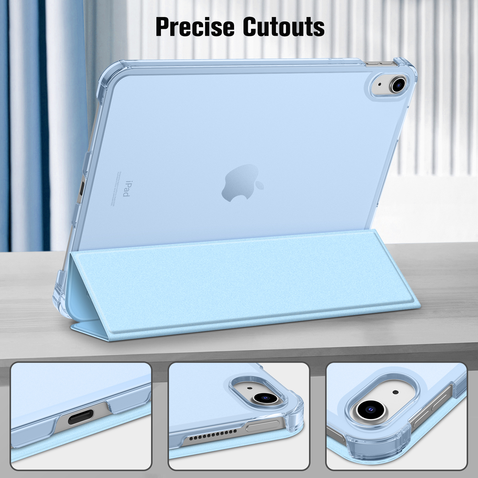 Ein iPad in einer blauen Hülle, auf einem Tisch aufgestellt. Präzise Ausschnitte werden gezeigt. Zusätzliche Bilder zeigen Details der Hülle.