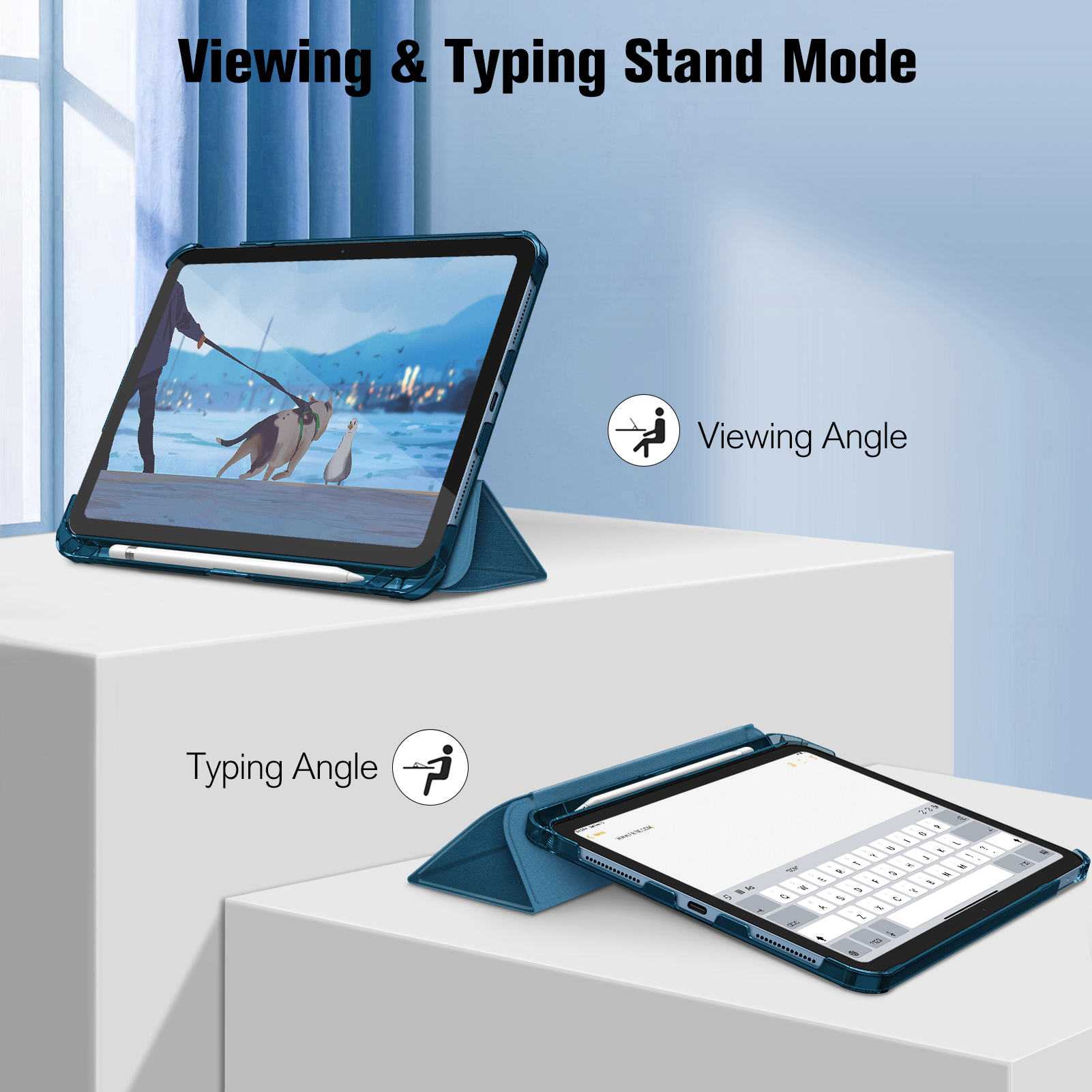 Tablets in zwei Positionen. Eines zeigt einen Hund an der Leine. Das andere zeigt die Tastatur. Text: Viewing & Typing Stand Mode.