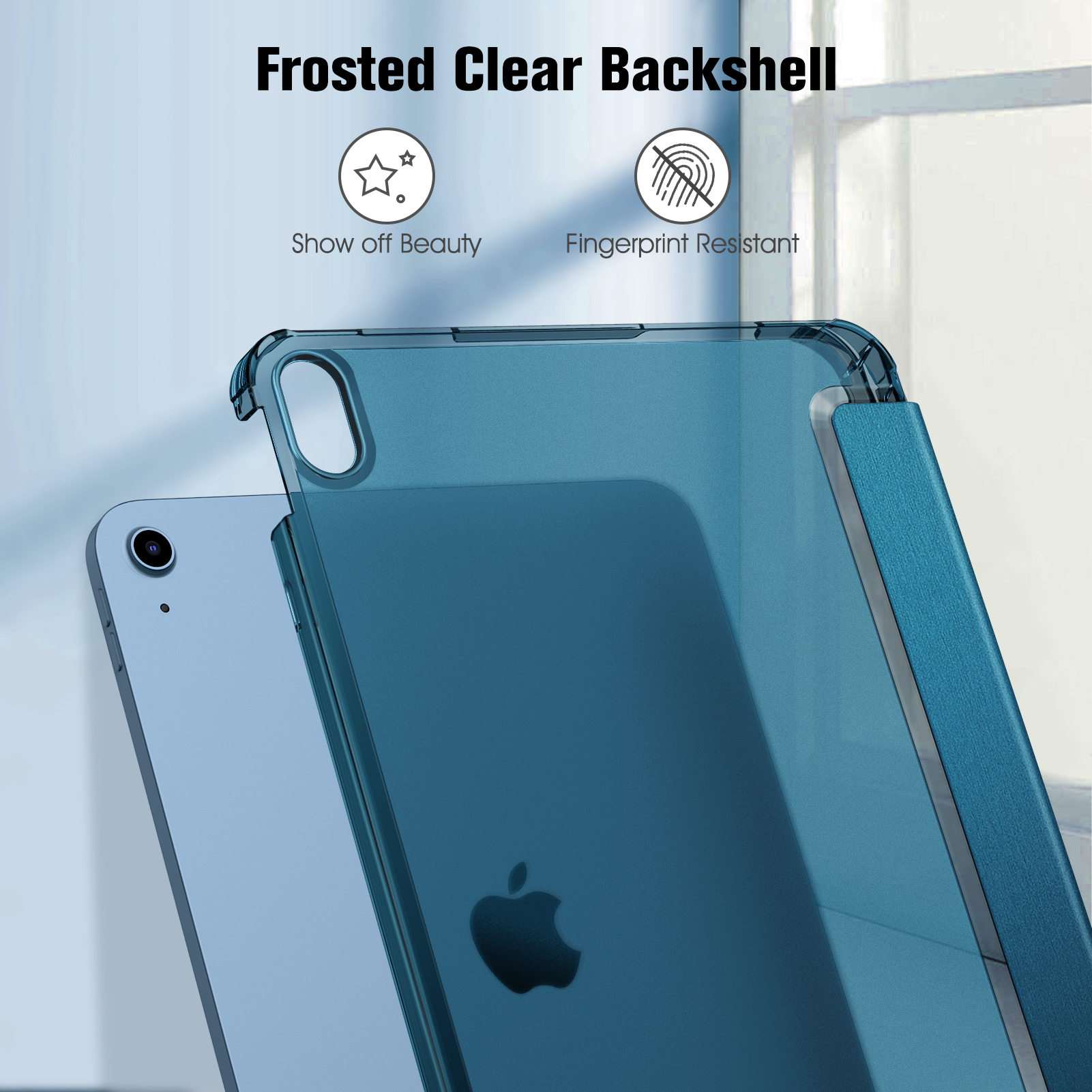 Ein blaues iPad mit einer transparenten Hülle. Die Hülle ist mattiert und klar und zeigt die Rückseite des iPads. Der Text lautet 'Show off Beauty'.