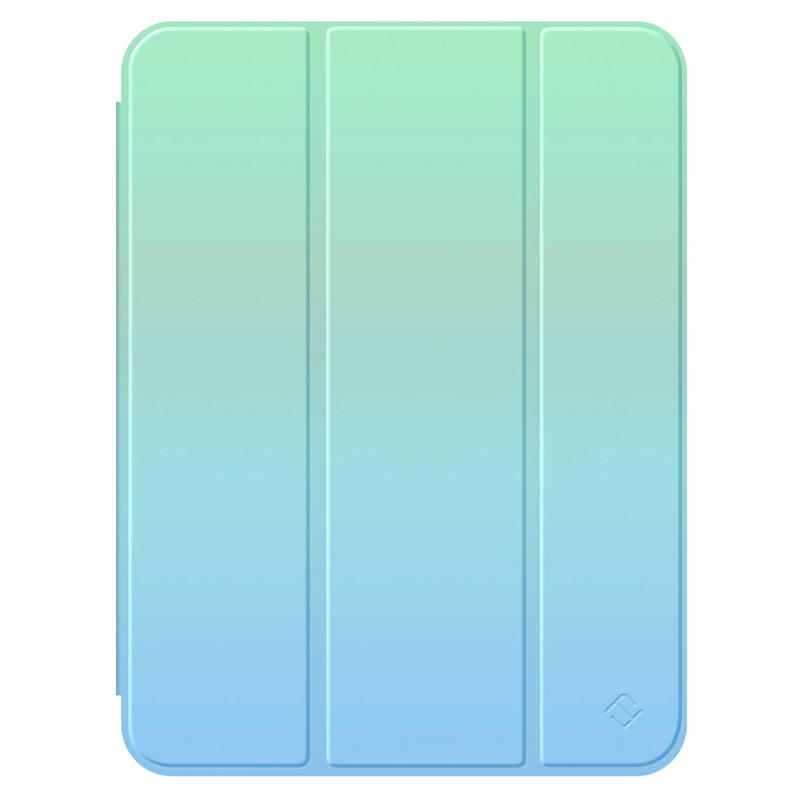 Gezeigt wird eine Tablet-Hülle mit blau-grünem Farbverlauf. Die Hülle hat eine Klapphülle mit drei Abschnitten und einem kleinen Logo.