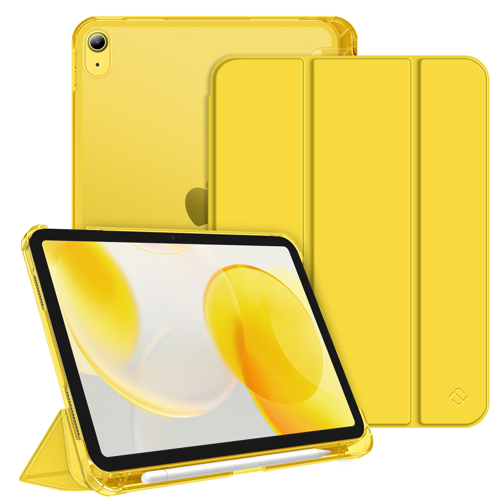 Gelbes Tablet und Hülle. Das Tablet befindet sich in einer transparenten gelben Hülle. Die Hülle ist offen und gefaltet, um das Tablet abzustützen.