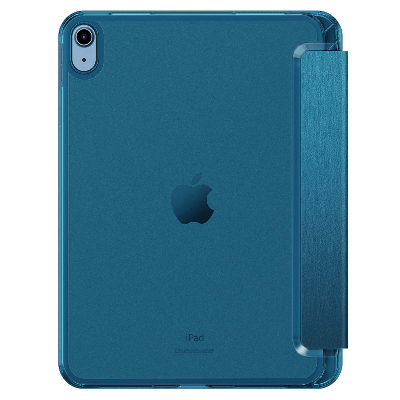 Blaues iPad mit Hülle. Es hat ein Apple-Logo und eine Kamera. Die Hülle hat eine Klappabdeckung.