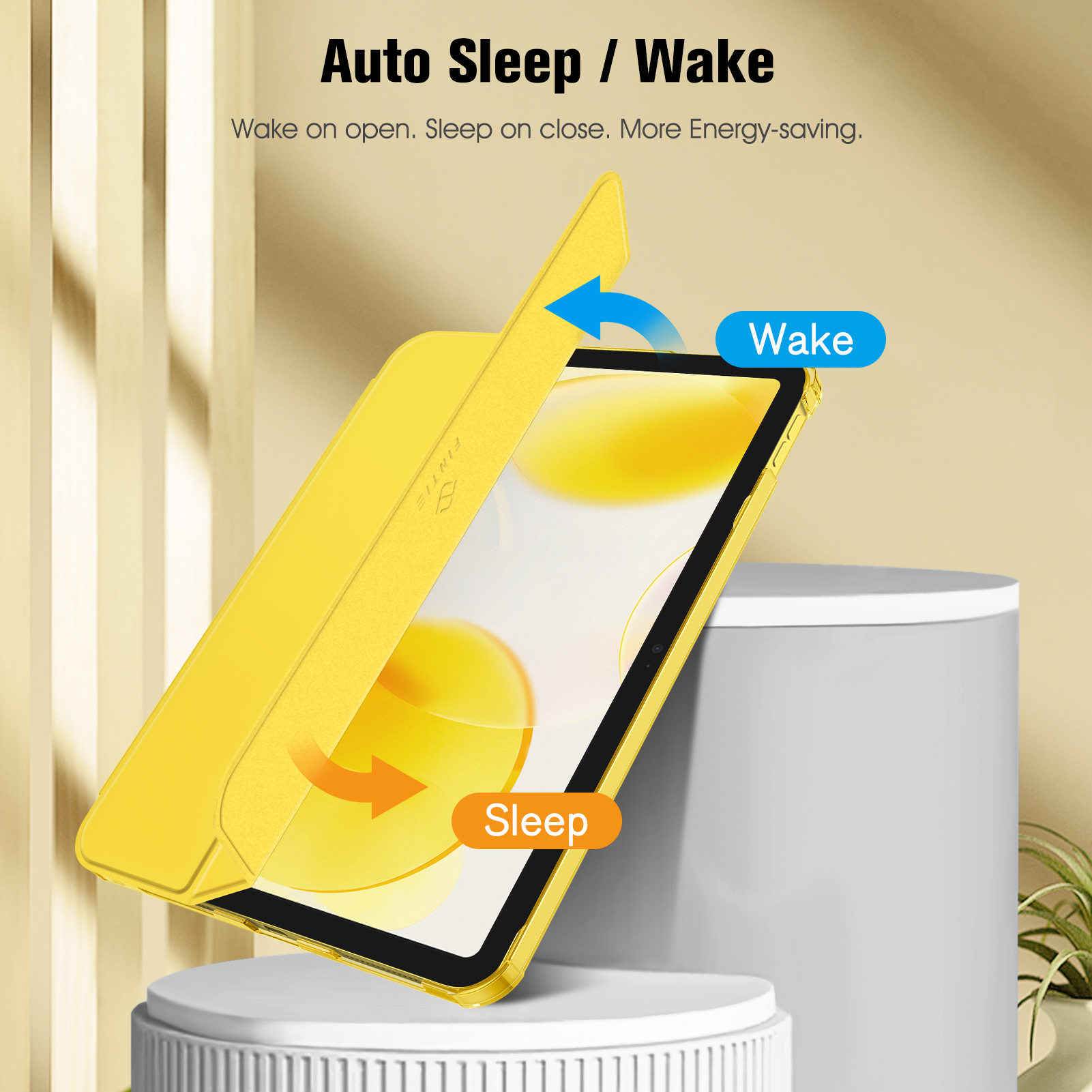 Gelbes Tablet in einer gelben Hülle auf einem weißen Podest. Etiketten 'Wake' und 'Sleep' mit Pfeilen.