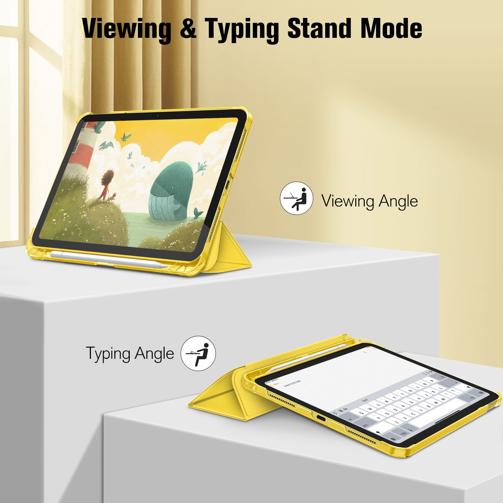 Gelbe Tablet-Hülle im Standmodus. Der Bildschirm zeigt ein Kind und einen Wal. Text zeigt den Blick- und Tippwinkel.