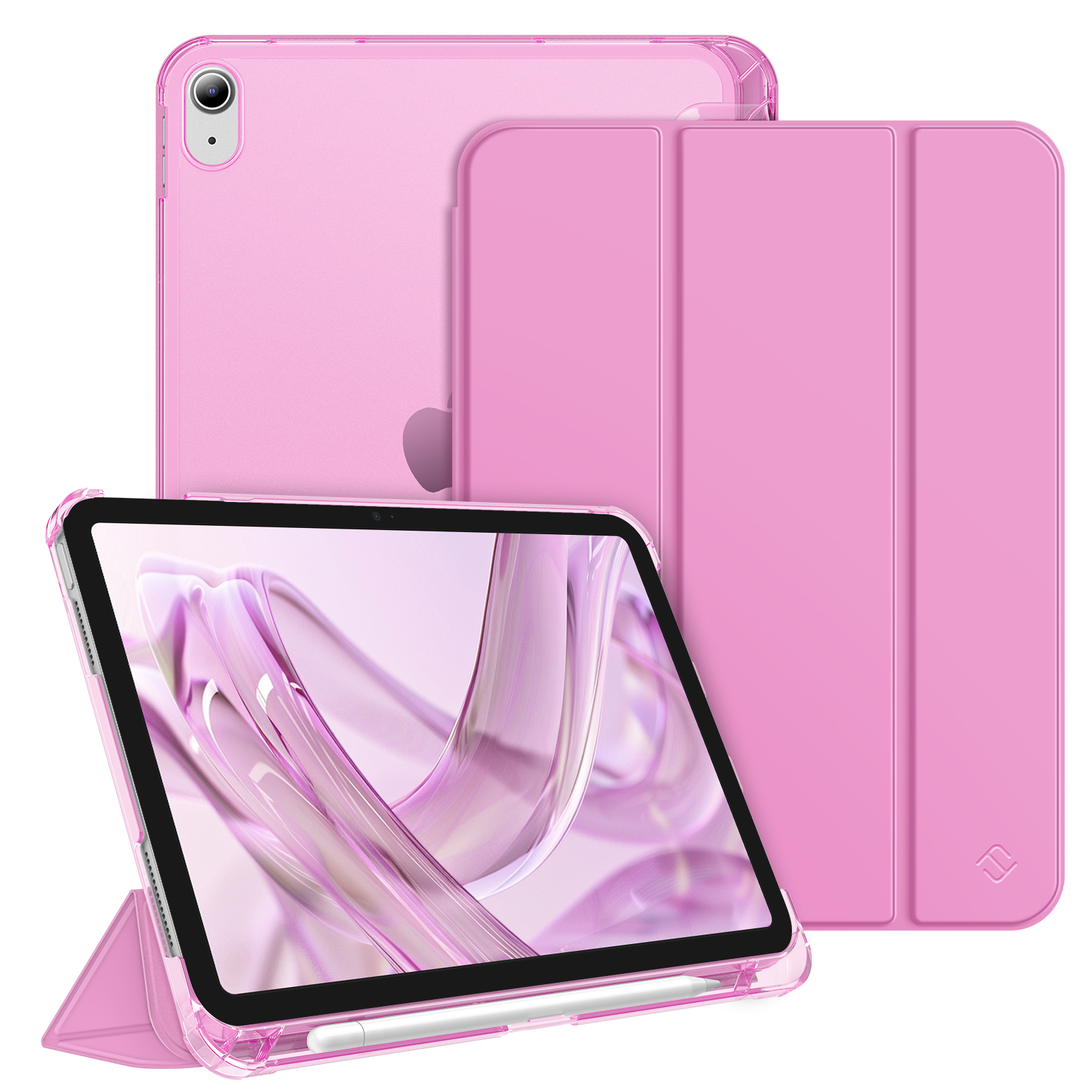 Rosa iPad mit Hülle, transparenter Hülle und Stift. Der Bildschirm zeigt ein violettes abstraktes Design. Apple-Logo sichtbar.
