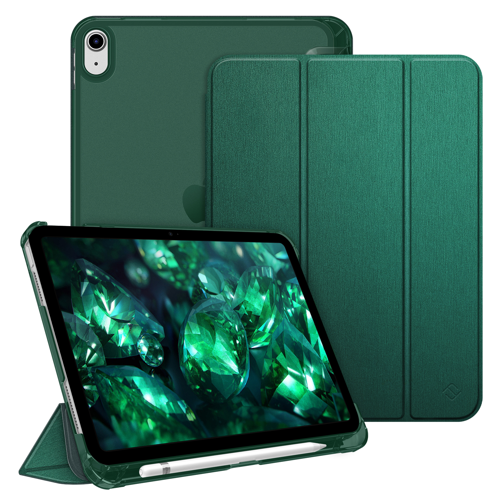 Ein grünes Tablet mit Hülle, das einen Bildschirm mit grünen Edelsteinen zeigt. Hülle und Abdeckung sind ebenfalls grün.