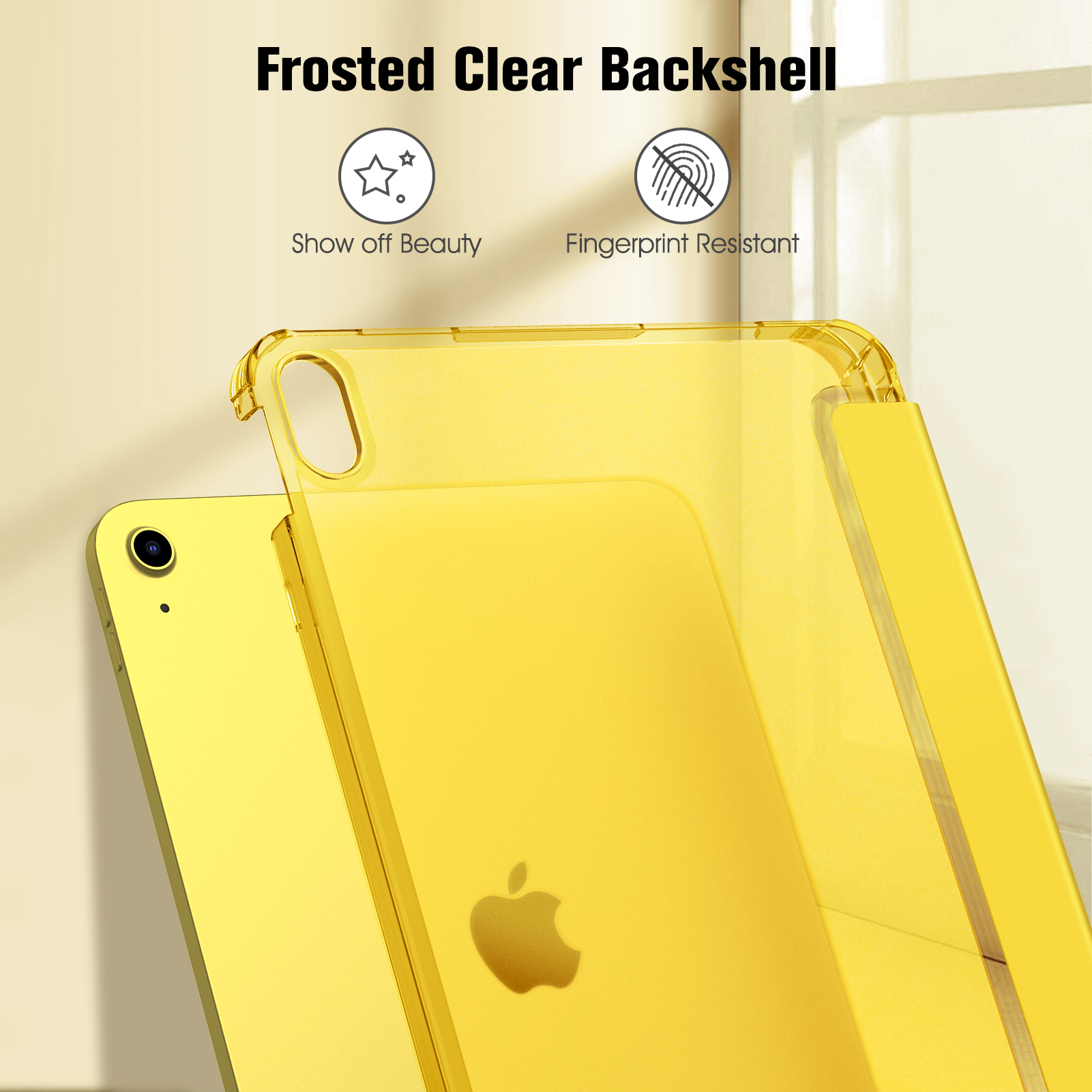 Gelbe iPad-Hülle mit transparentem, mattiertem Rücken, mit dem Text 'Frosted Clear Backshell'.