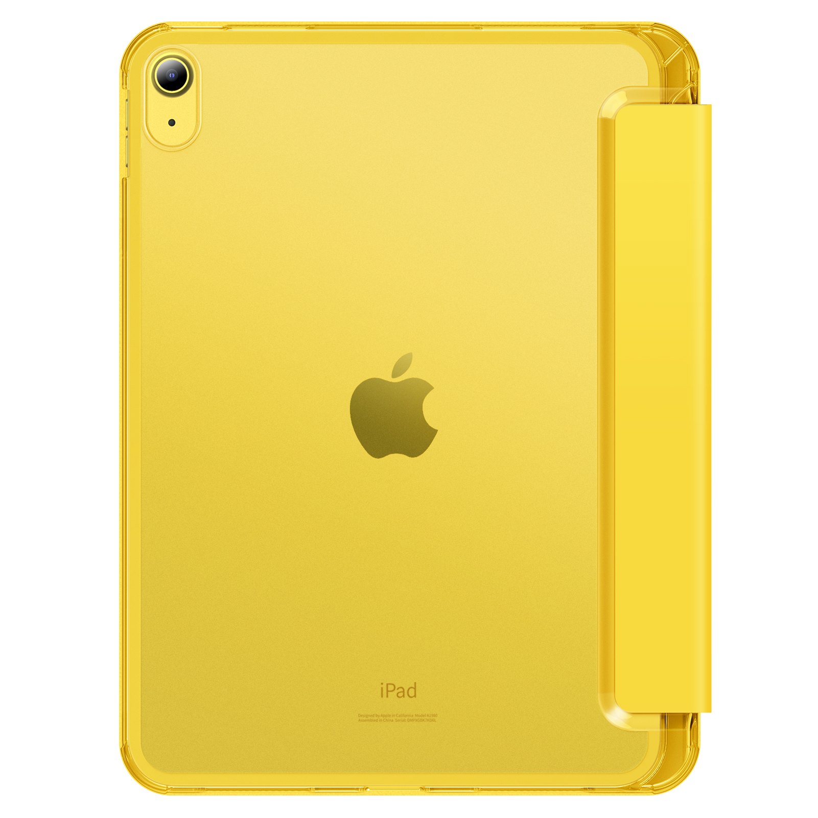 Gelbes iPad-Rückseite mit Kamera und Apple-Logo. Eine gelbe Hülle ist angebracht. Hintergrund ist weiß.