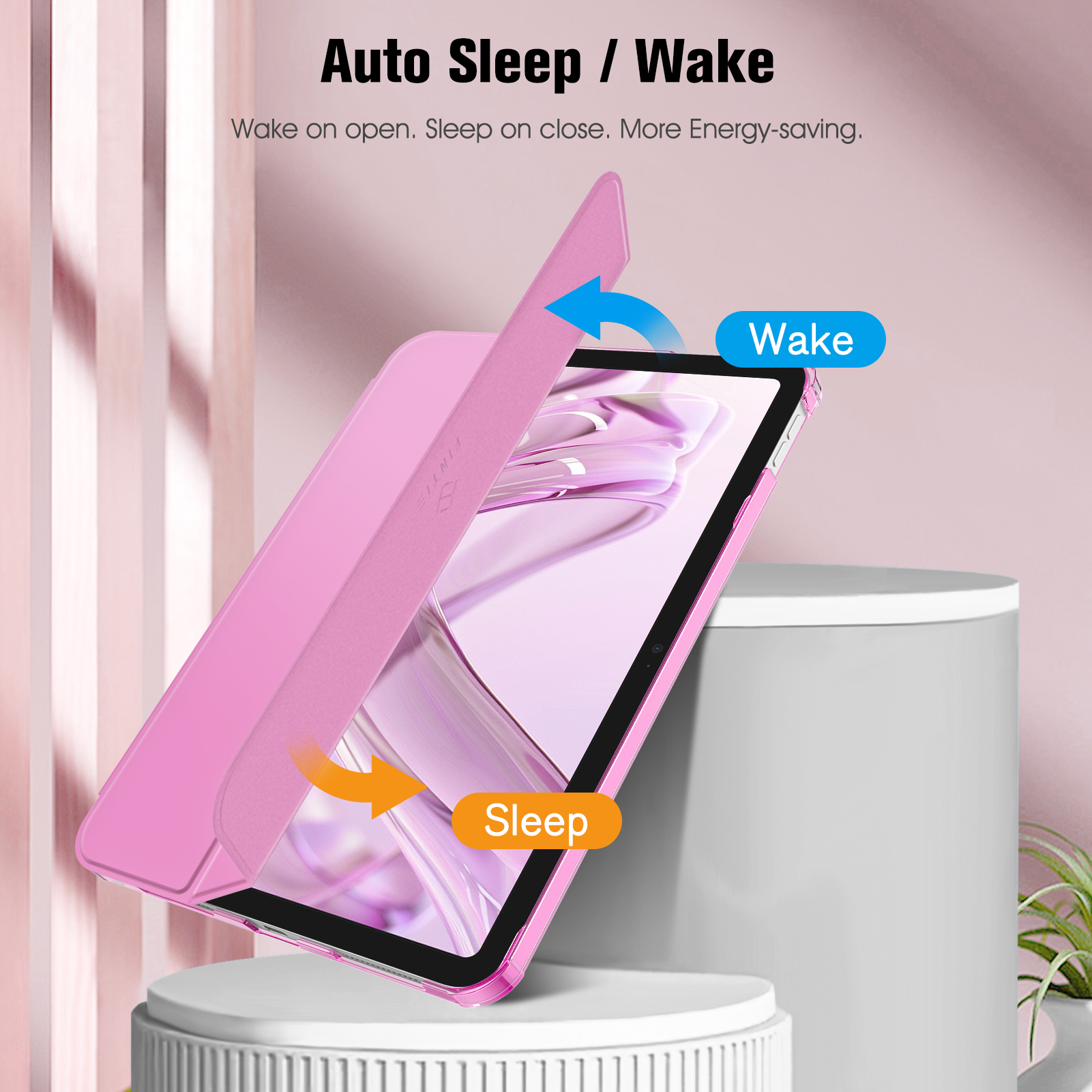 Rosa Tablethülle öffnet sich. Text: 'Auto Sleep/Wake'. Pfeile zeigen Wake- und Sleep-Funktionen an.