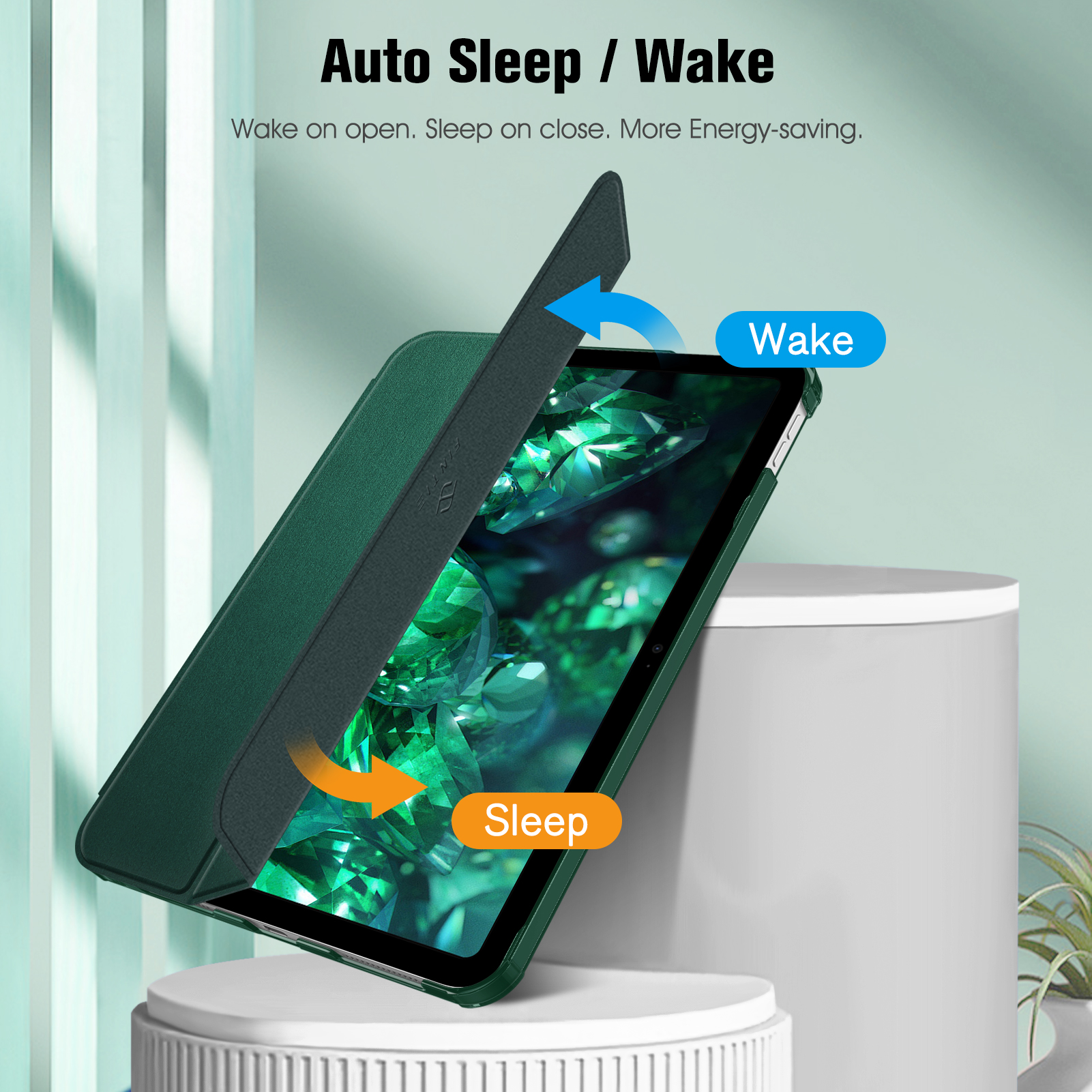 Grüne Tablet-Hülle mit offenem Deckel, Bildschirm sichtbar. Text: Auto Sleep/Wake. Pfeile zeigen Wake/Sleep-Aktionen. Weißer Zylinderhintergrund.