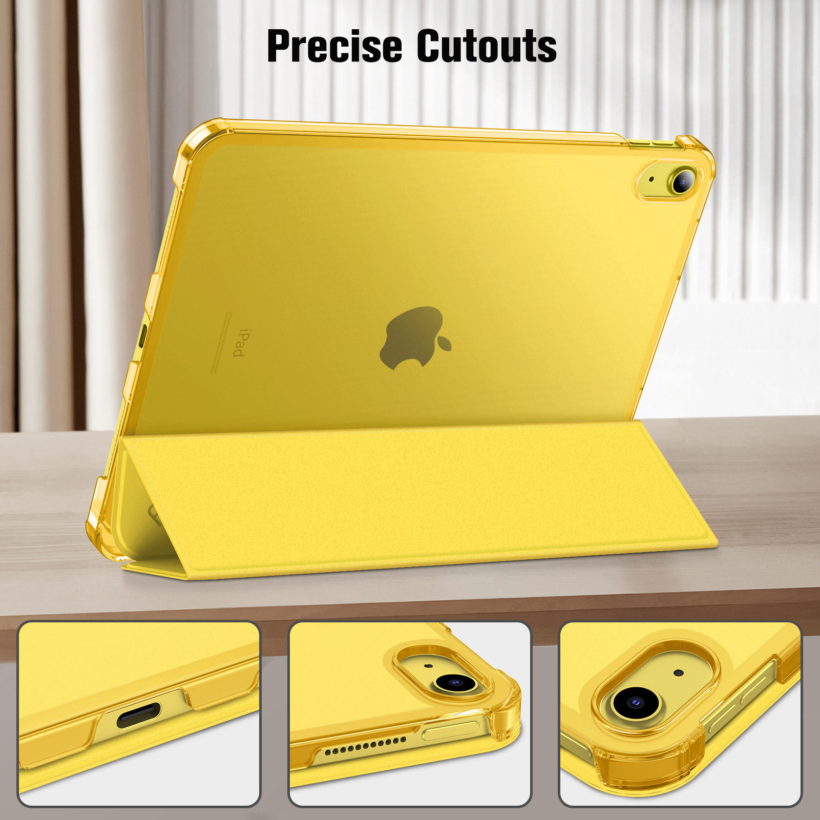Gelbes iPad in einer Hülle, hochgestellt. Hülle und iPad sind gelb. Präzise Aussparungen werden gezeigt. Details der Hülle werden gezeigt.