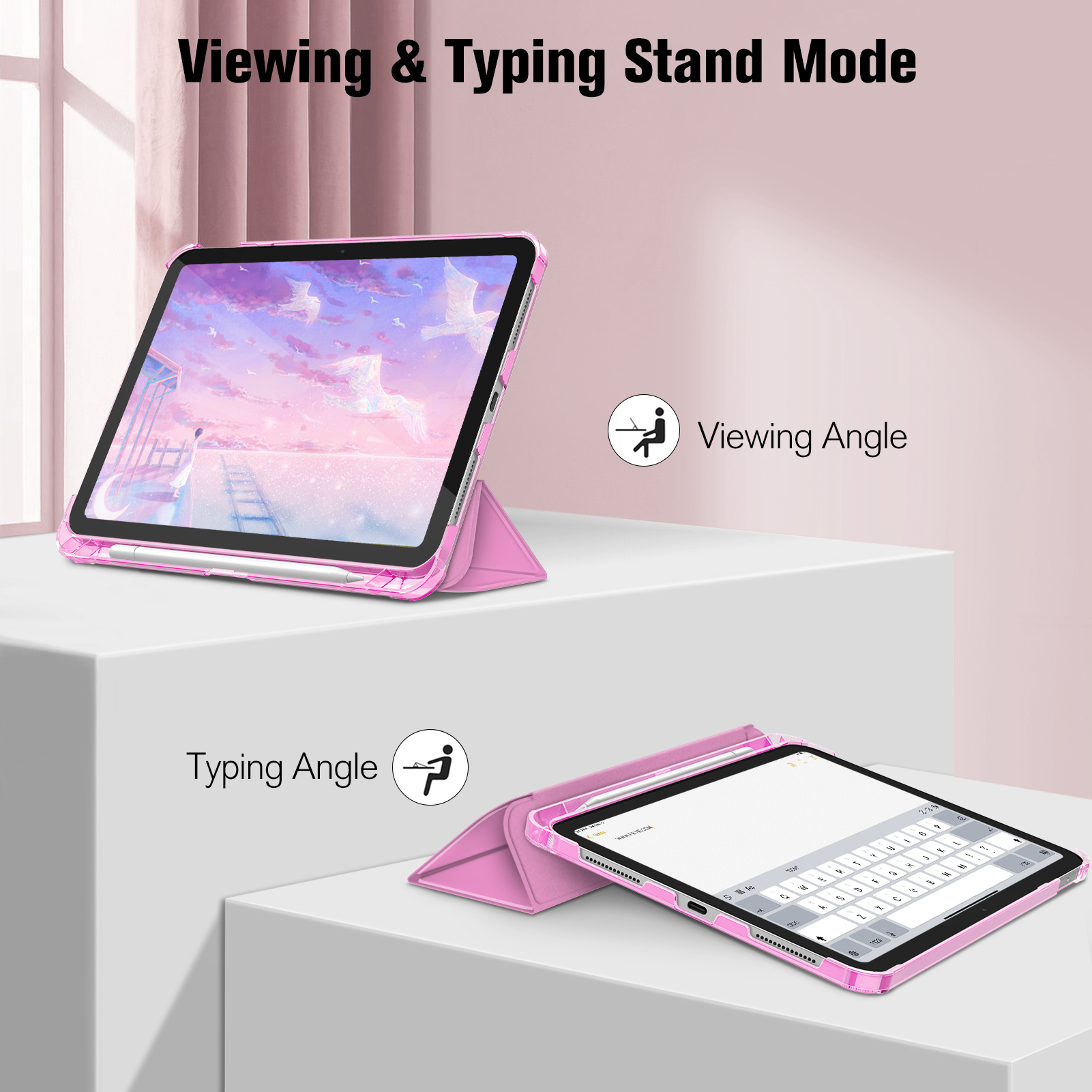 Rosa iPad im Standmodus, zeigt Schreib- und Betrachtungswinkel. Der Bildschirm zeigt eine Tastatur und ein Landschaftshintergrundbild.