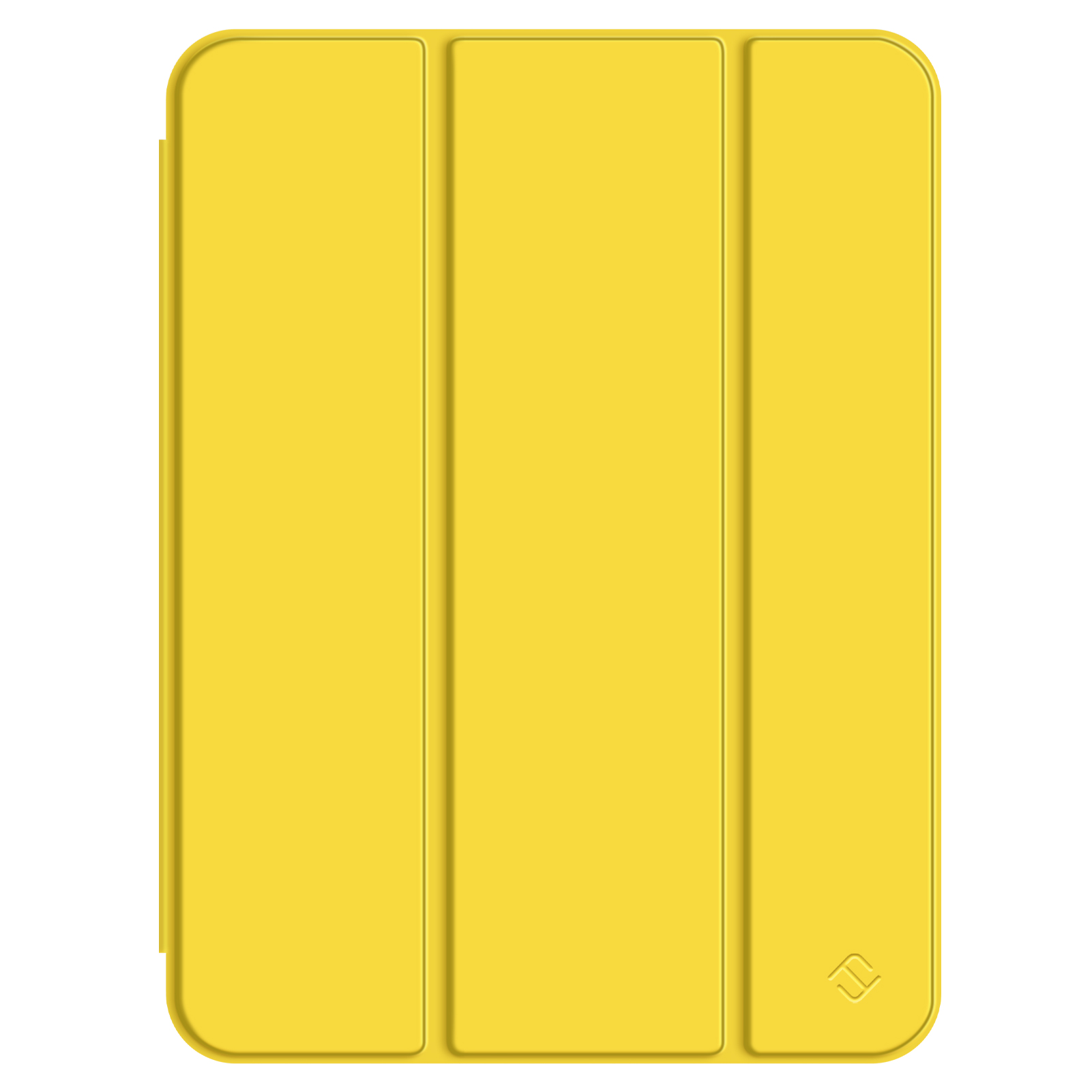 Eine gelbe Tablet-Hülle, in drei Abschnitte gefaltet. Die Hülle ist gelb mit abgerundeten Ecken und einem Logo rechts unten.