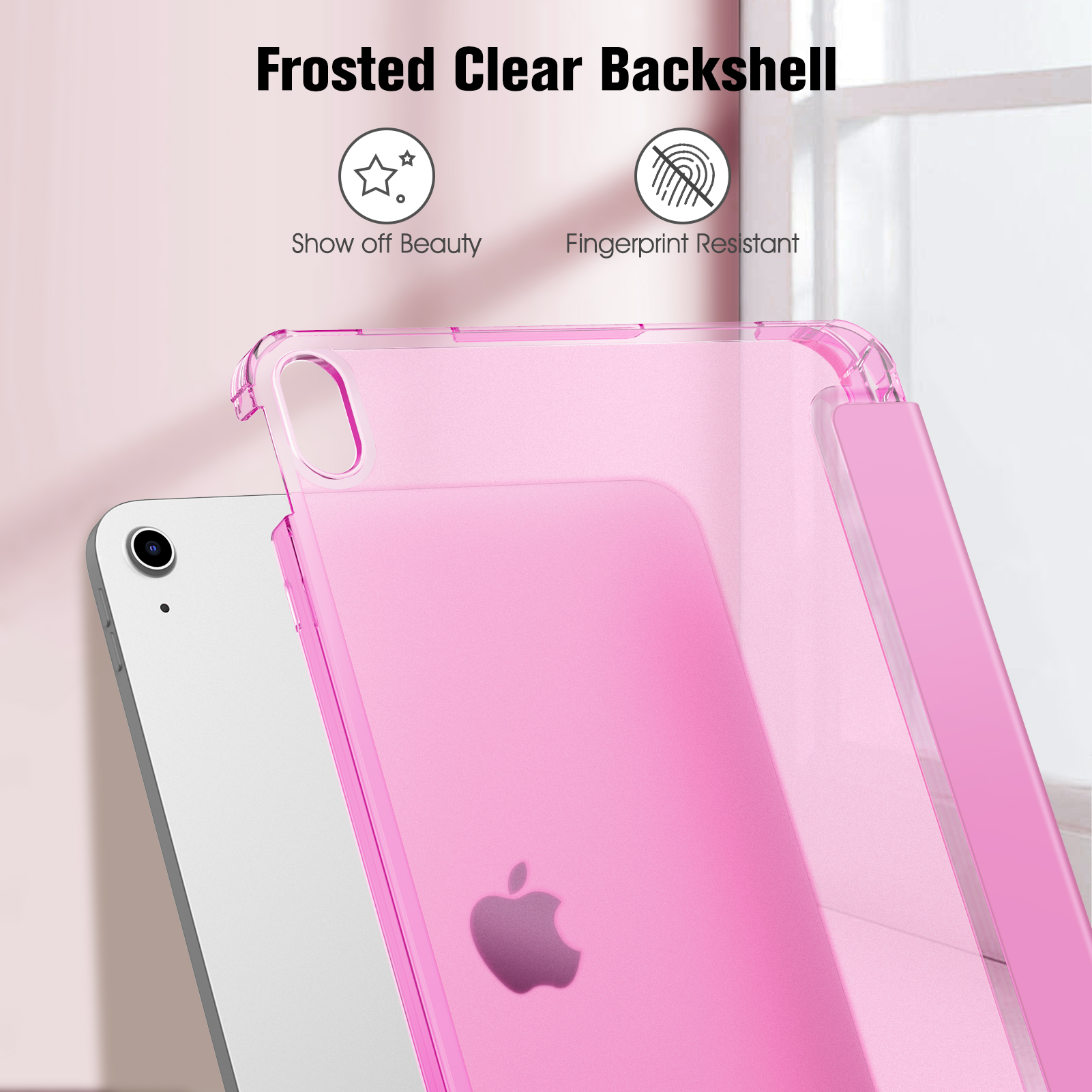 Eine pinkfarbene iPad-Hülle über einem silbernen iPad. Die Hülle ist transparent mit rosa Farbton. Text lautet 'Frosted Clear Backshell'.