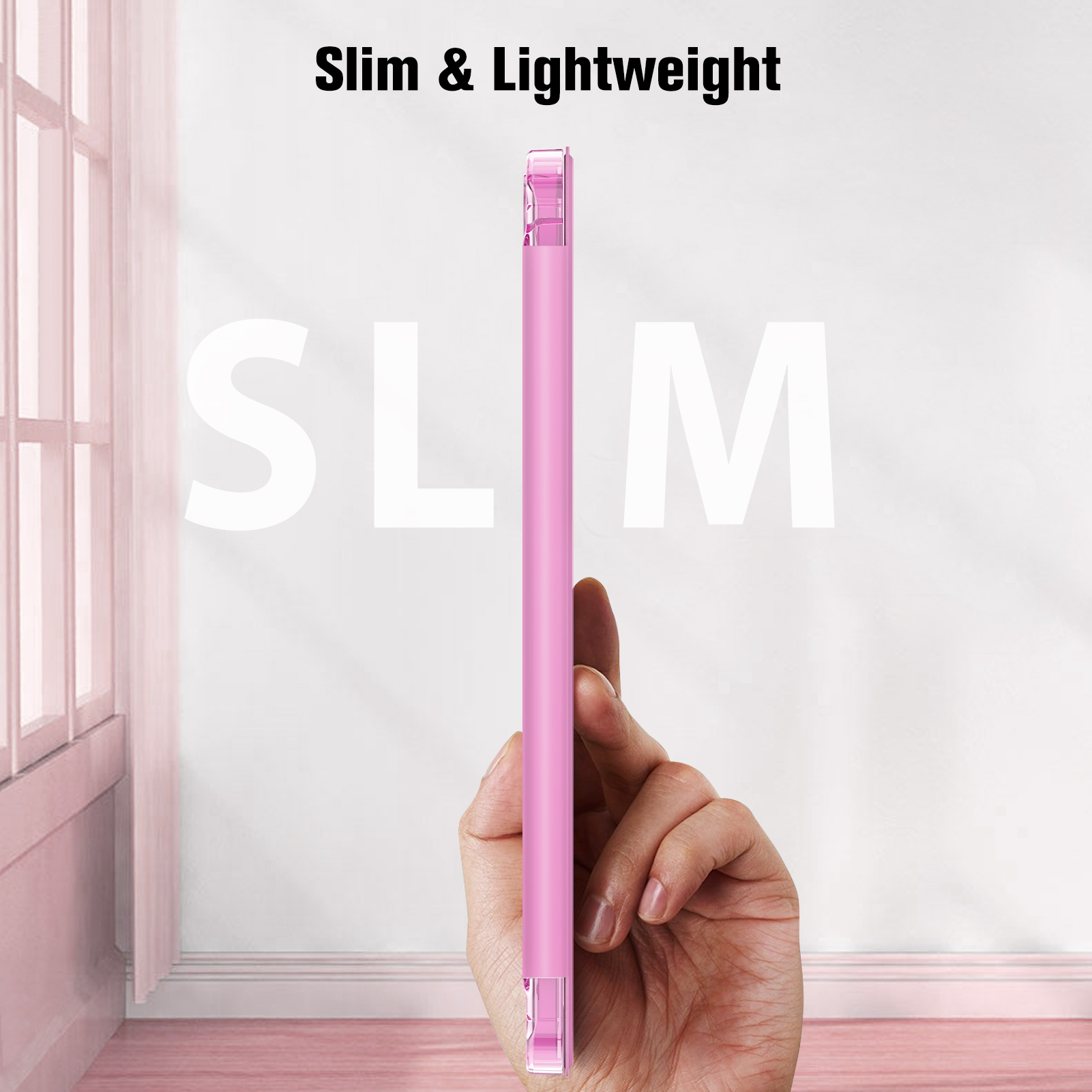 Eine Hand hält eine rosa Handyhülle. Der Hintergrund hat die Wörter 'Slim & Lightweight' und 'SLIM' in Weiß und ein Fenster.