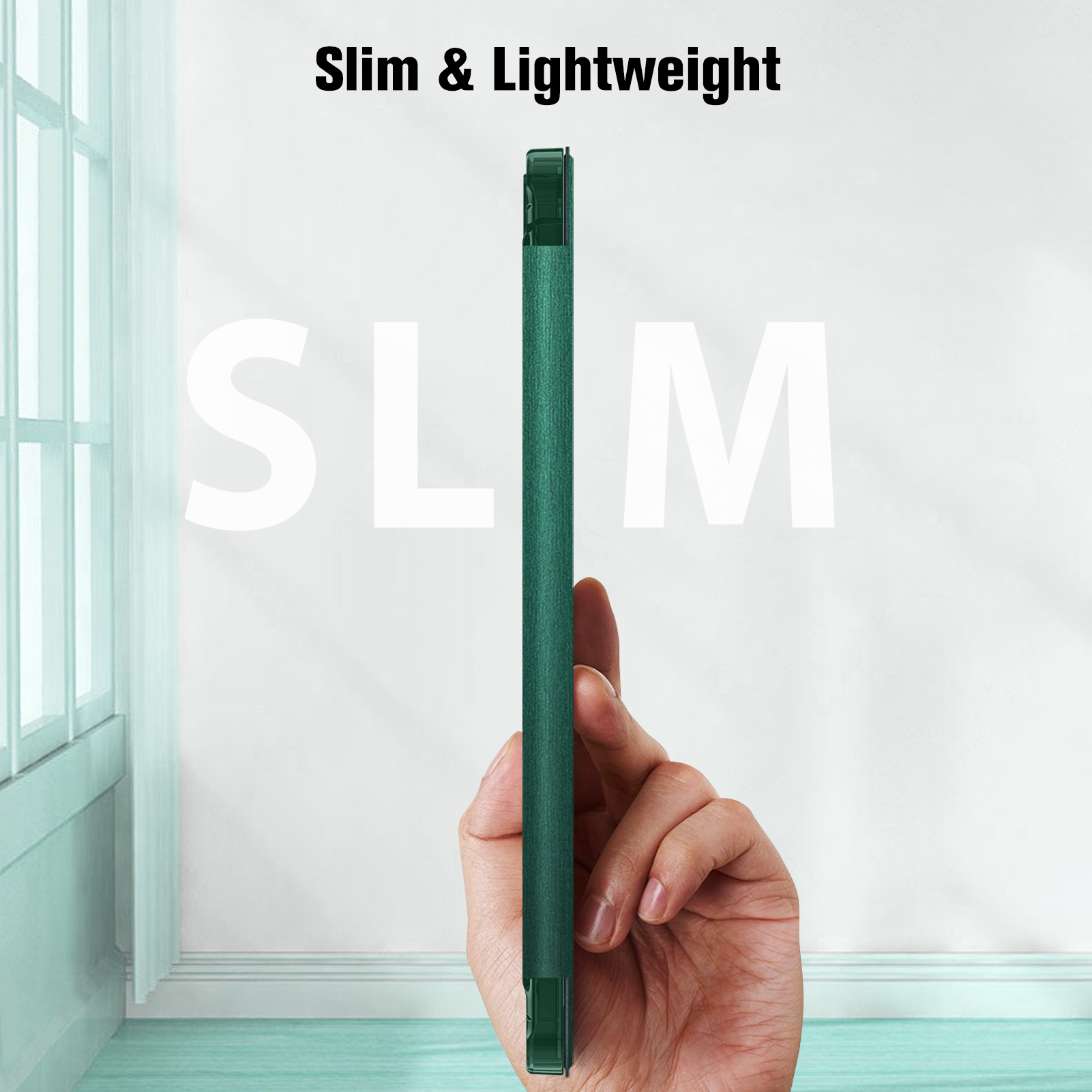 Hand hält eine grüne Handyhülle. Der Text lautet 'Slim & Lightweight' und 'SLIM' in großen weißen Buchstaben.