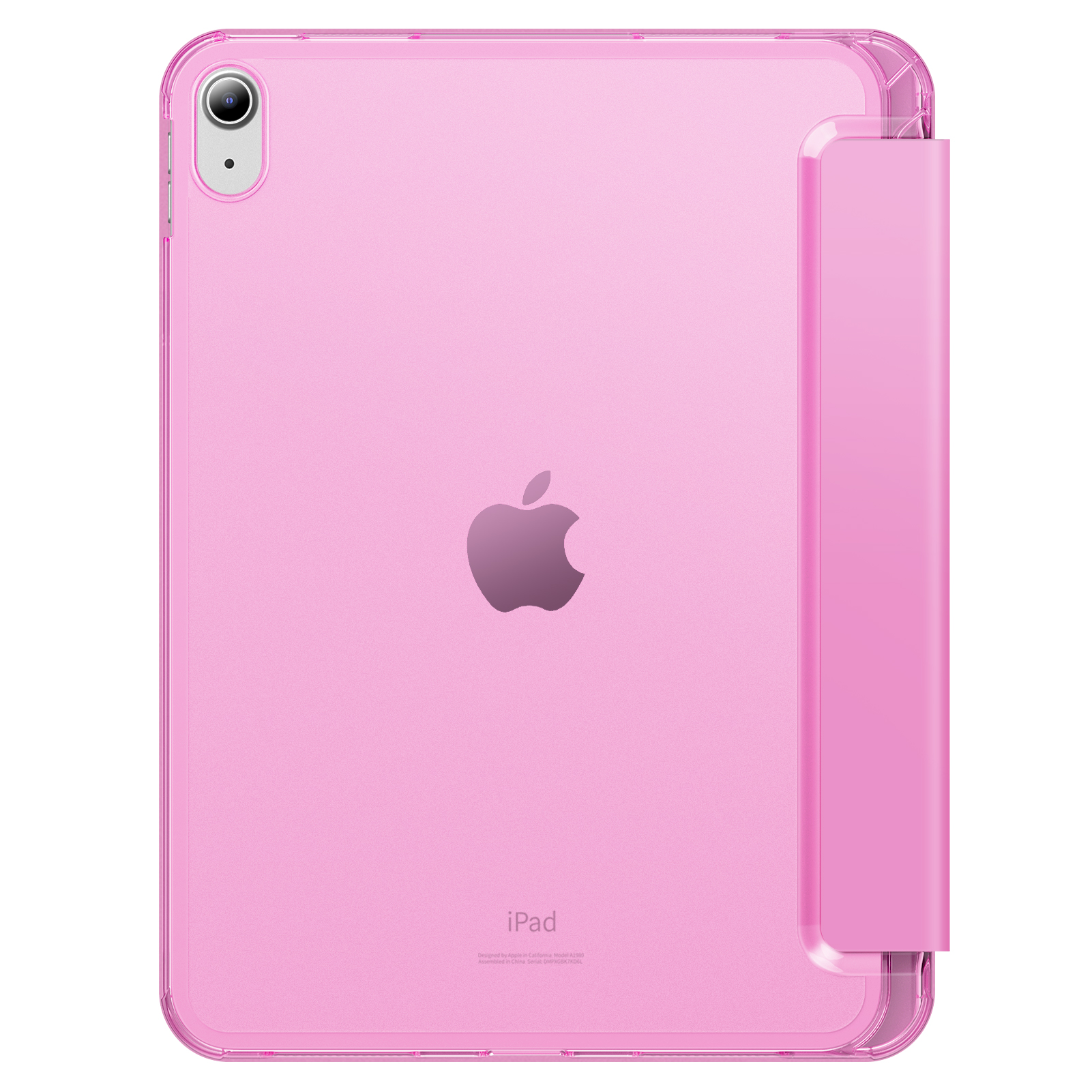 Ein pinkfarbenes iPad in einer transparenten pinkfarbenen Hülle mit Kamera und Apple-Logo. Es hat eine pinkfarbene Abdeckung.