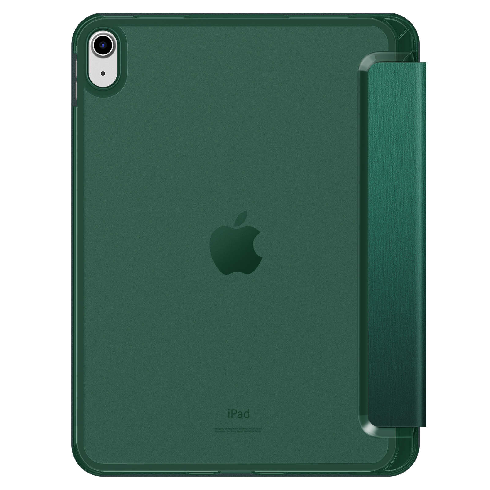 Grüne iPad-Hülle mit Abdeckung. Das Apple-Logo ist sichtbar. Die Hülle hat einen transparenten Rand.