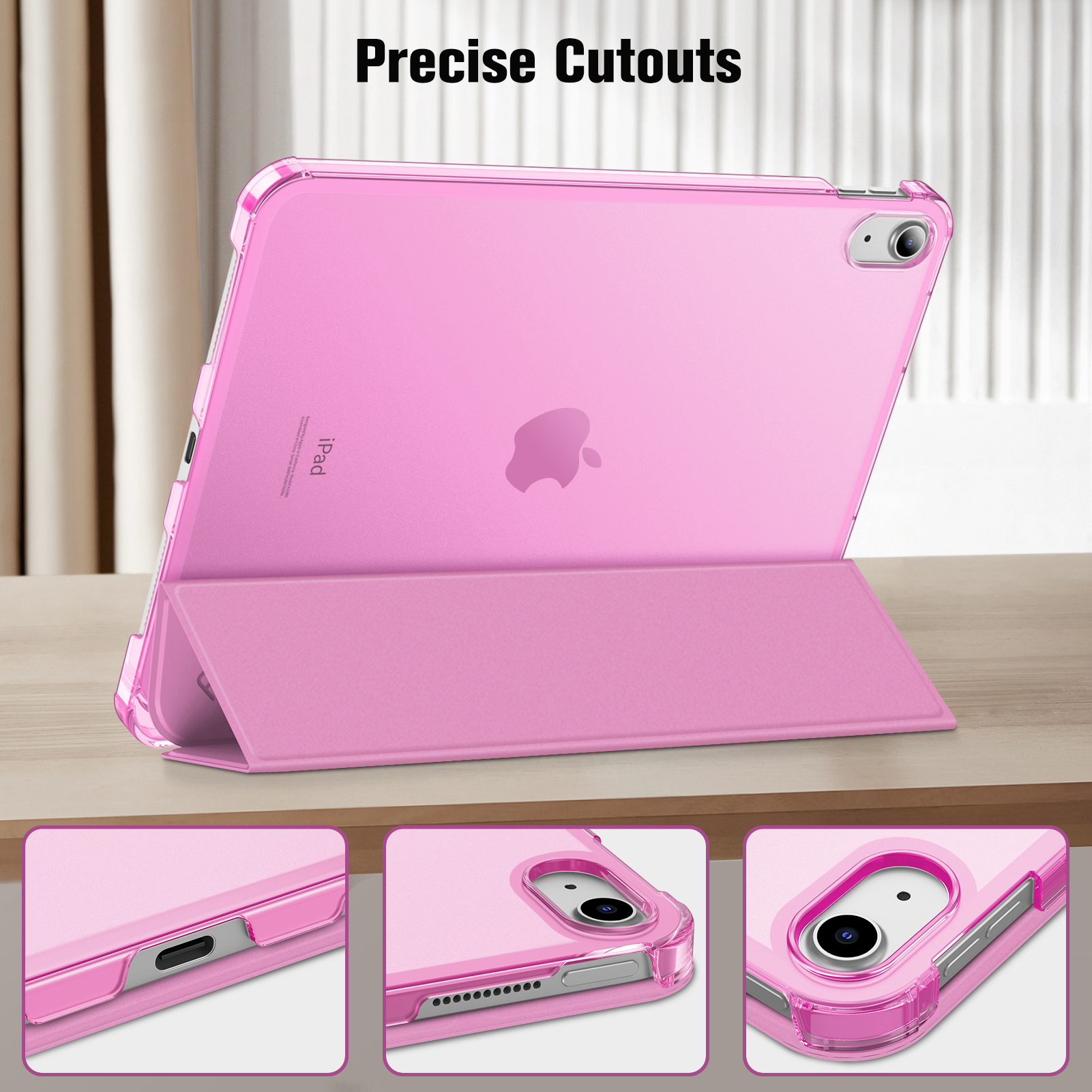 Rosa iPad in einer Hülle, mit einem Ständer. Präzise Aussparungen werden hervorgehoben. Detailansichten von Anschlüssen und Kamera werden ebenfalls gezeigt.