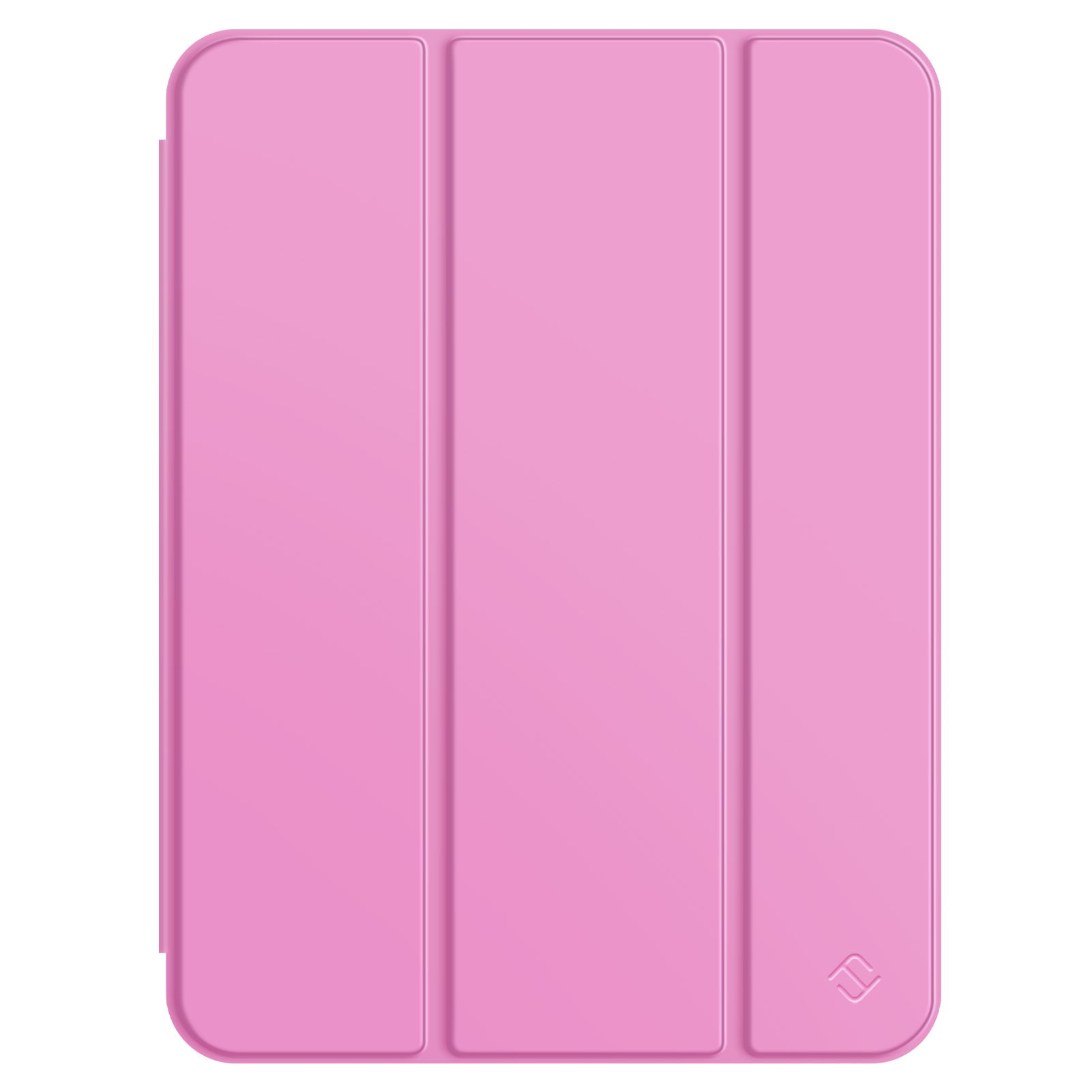 Eine rosa Tablet-Hülle, gefaltet, vor weißem Hintergrund. Sie hat ein dreiteiliges Design und ein Logo in der Ecke.