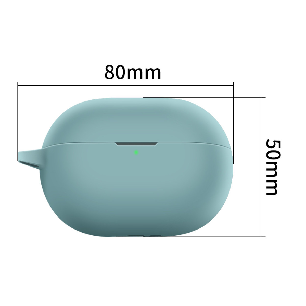 Eine türkis gefärbte Kopfhörerhülle mit den Maßen: 80 mm breit und 50 mm hoch. Ein grünes Kontrolllicht ist sichtbar.