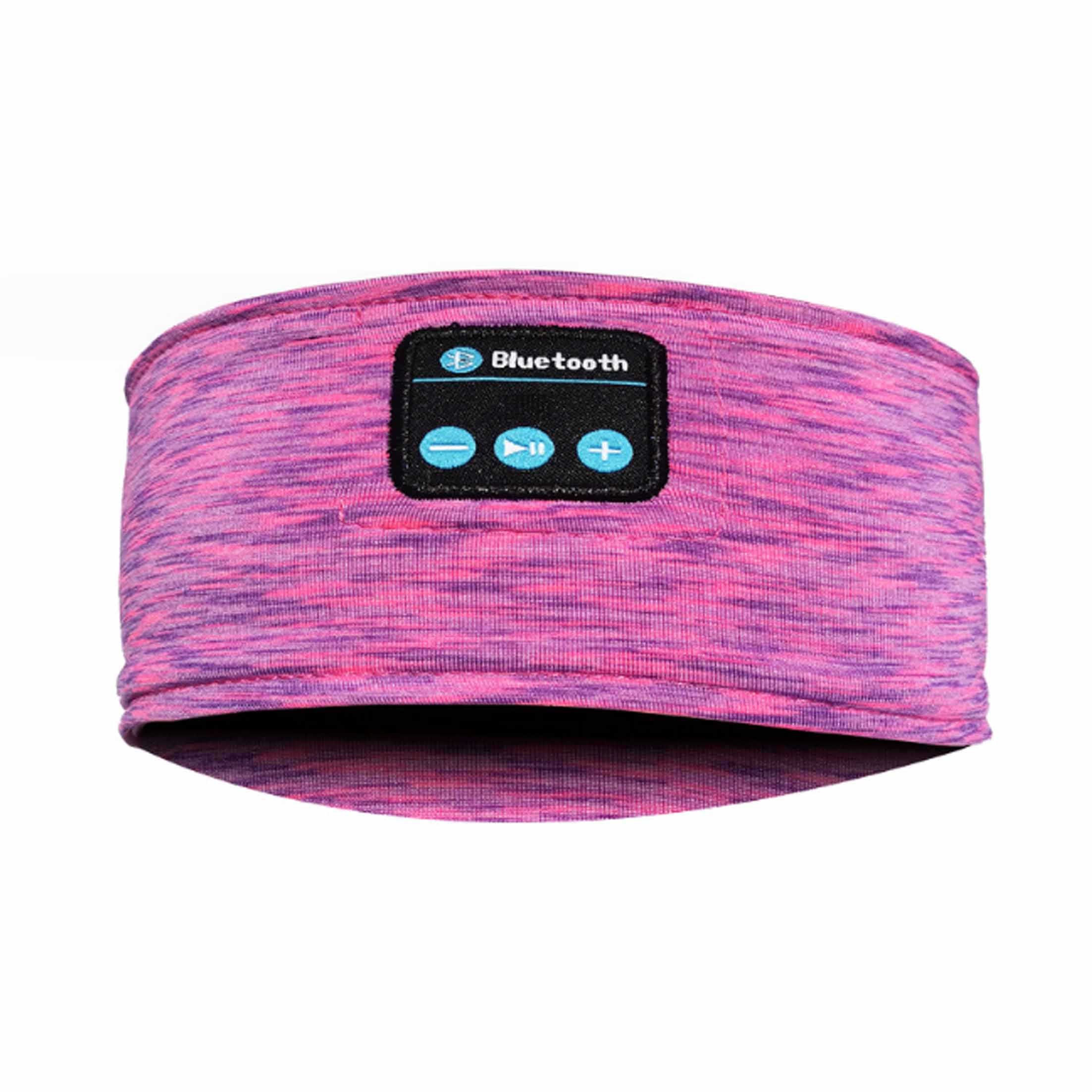 Ein pink-lila Bluetooth-Stirnband. Es hat Steuertasten und ein Bluetooth-Logo auf einem schwarzen rechteckigen Patch.