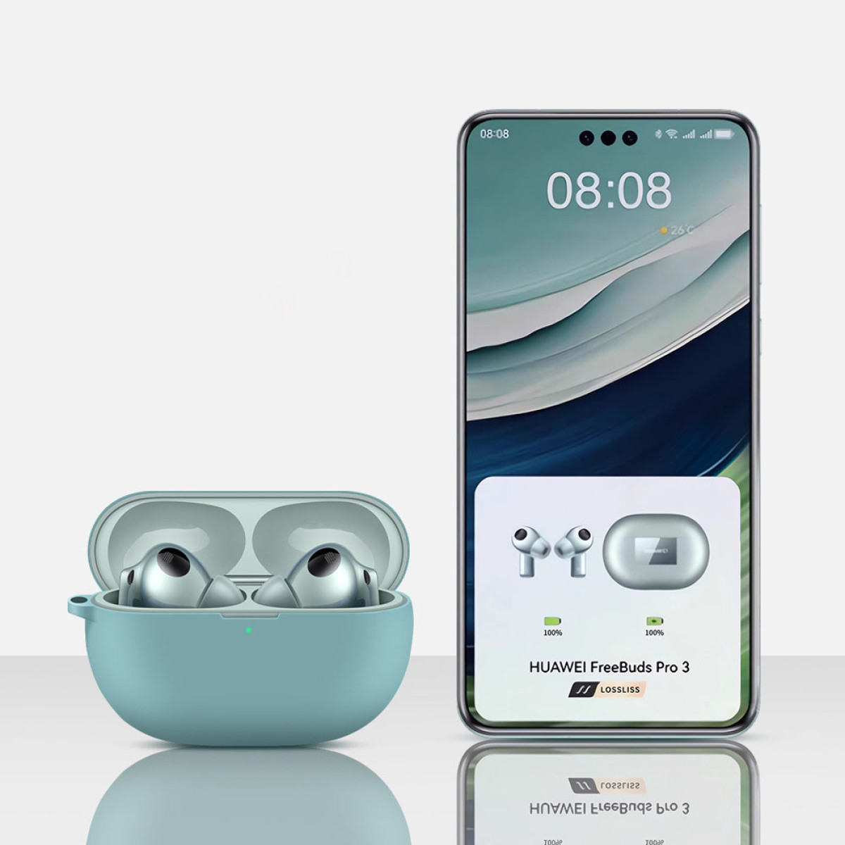 Kopfhörer in einem Etui und auf einem Telefonbildschirm. Das Telefon zeigt den Akku- und Ladestatus an. Die Kopfhörer sind grau-silber.