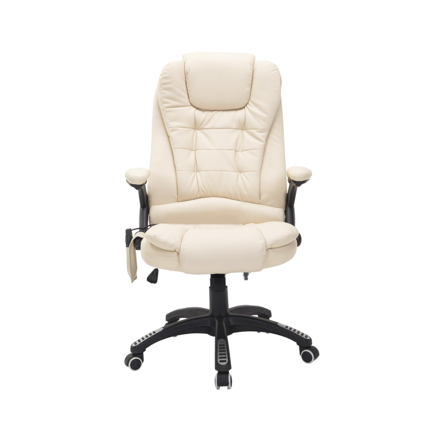 Cremefarbener ergonomischer Bürostuhl. Mit Kopfstütze, Armlehnen und Fünf-Rollen-Basis. Vor weißem Hintergrund.