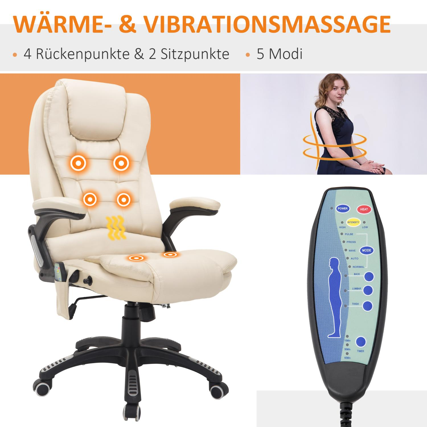 Massagestuhl mit Bedienelementen. Zu den Funktionen gehören Wärme, Intensität, Puls, Wellen, Automatikmodi und Timereinstellungen.