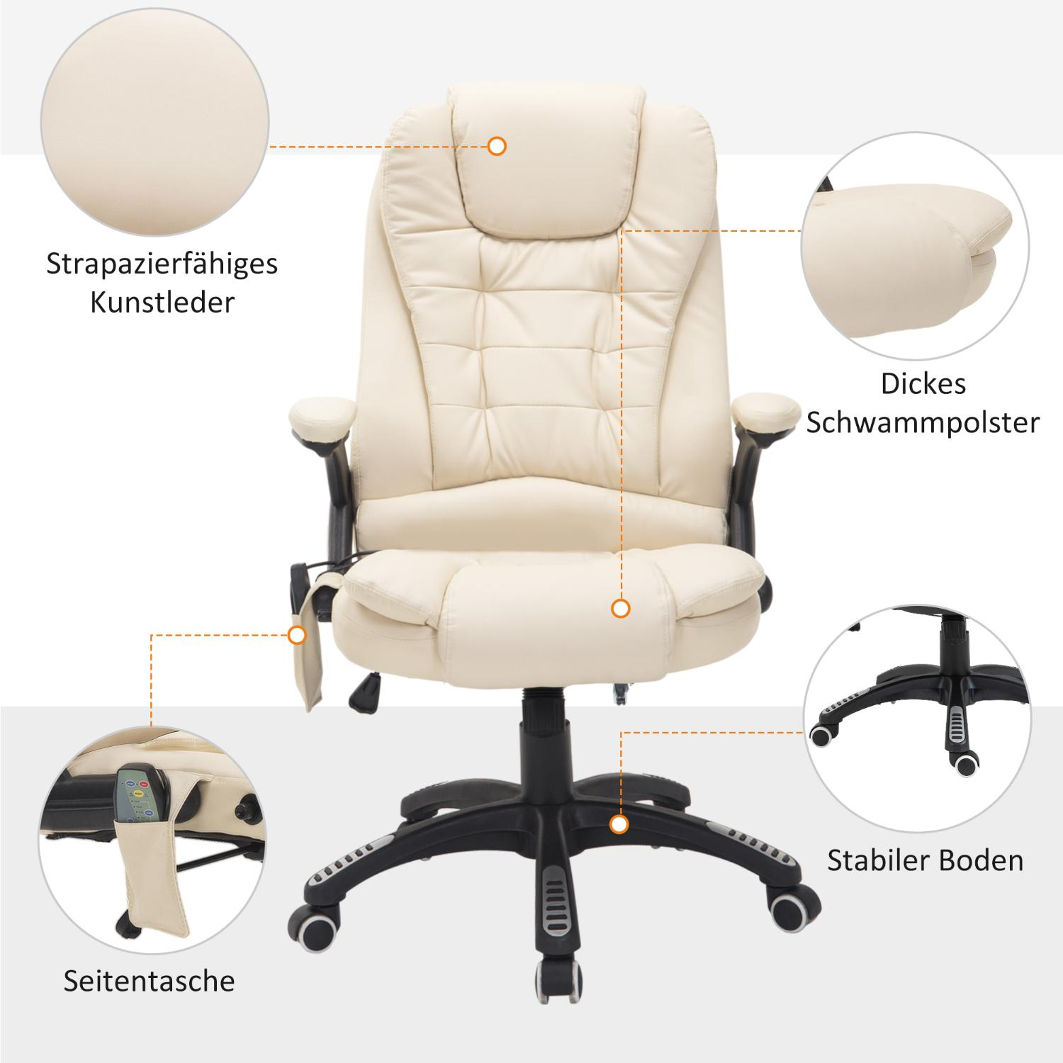 Ein cremefarbener Bürostuhl mit hoher Rückenlehne, Armlehnen und schwarzem Gestell. Merkmale sind eine Seitentasche, dicke Polsterung und ein stabiler Boden.