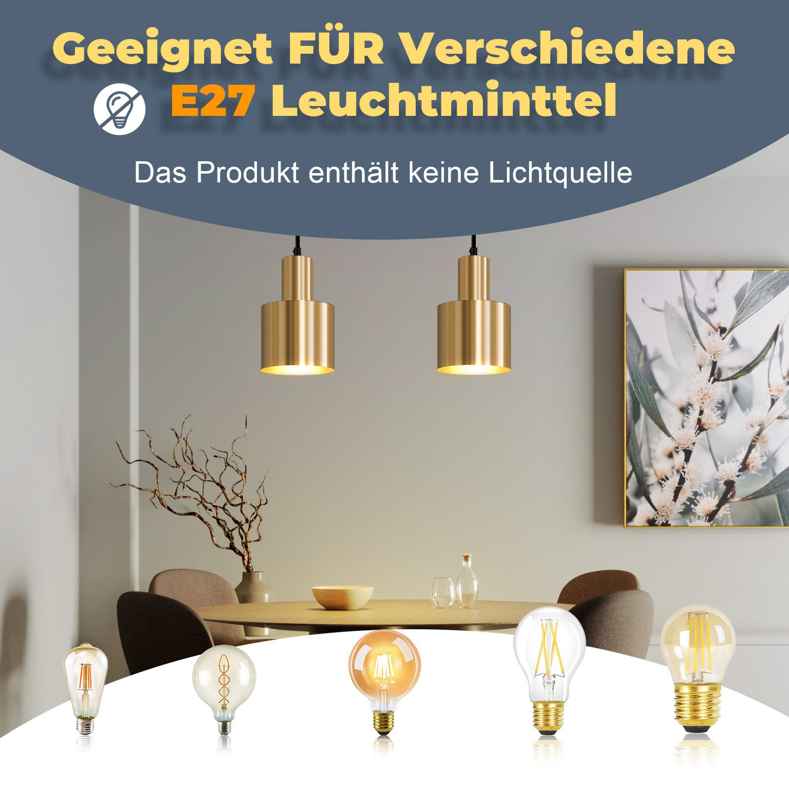 Esszimmer-Szene. Zwei goldene Pendelleuchten hängen über einem Tisch mit sechs verschiedenen Leuchtmitteltypen. Ein Blumendruck an der Wand.
