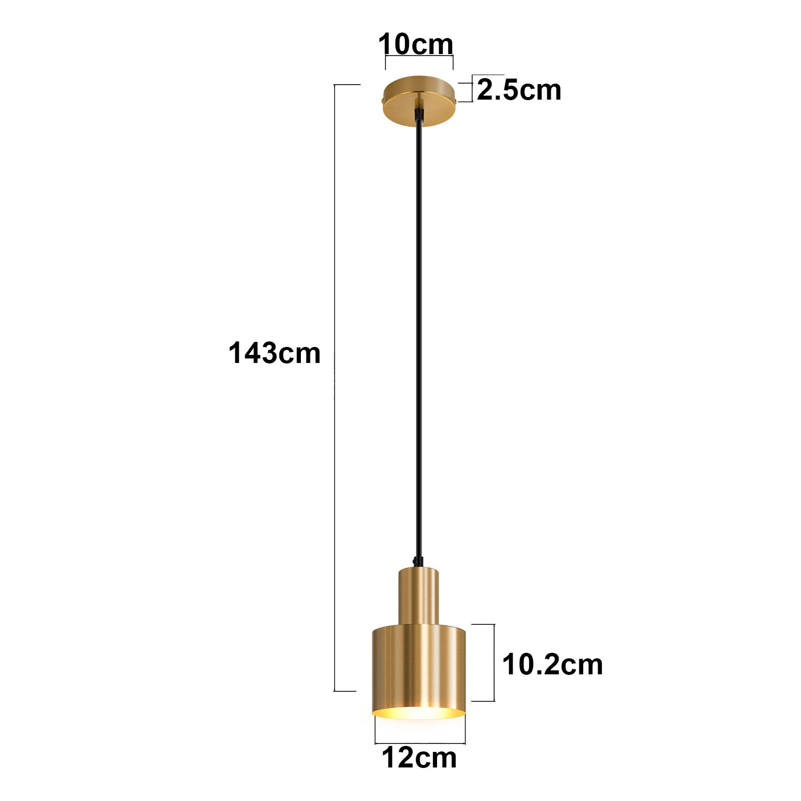 Goldene Pendelleuchte mit schwarzem Draht. Abmessungen sind angegeben. Sie hat eine Zylinderform.