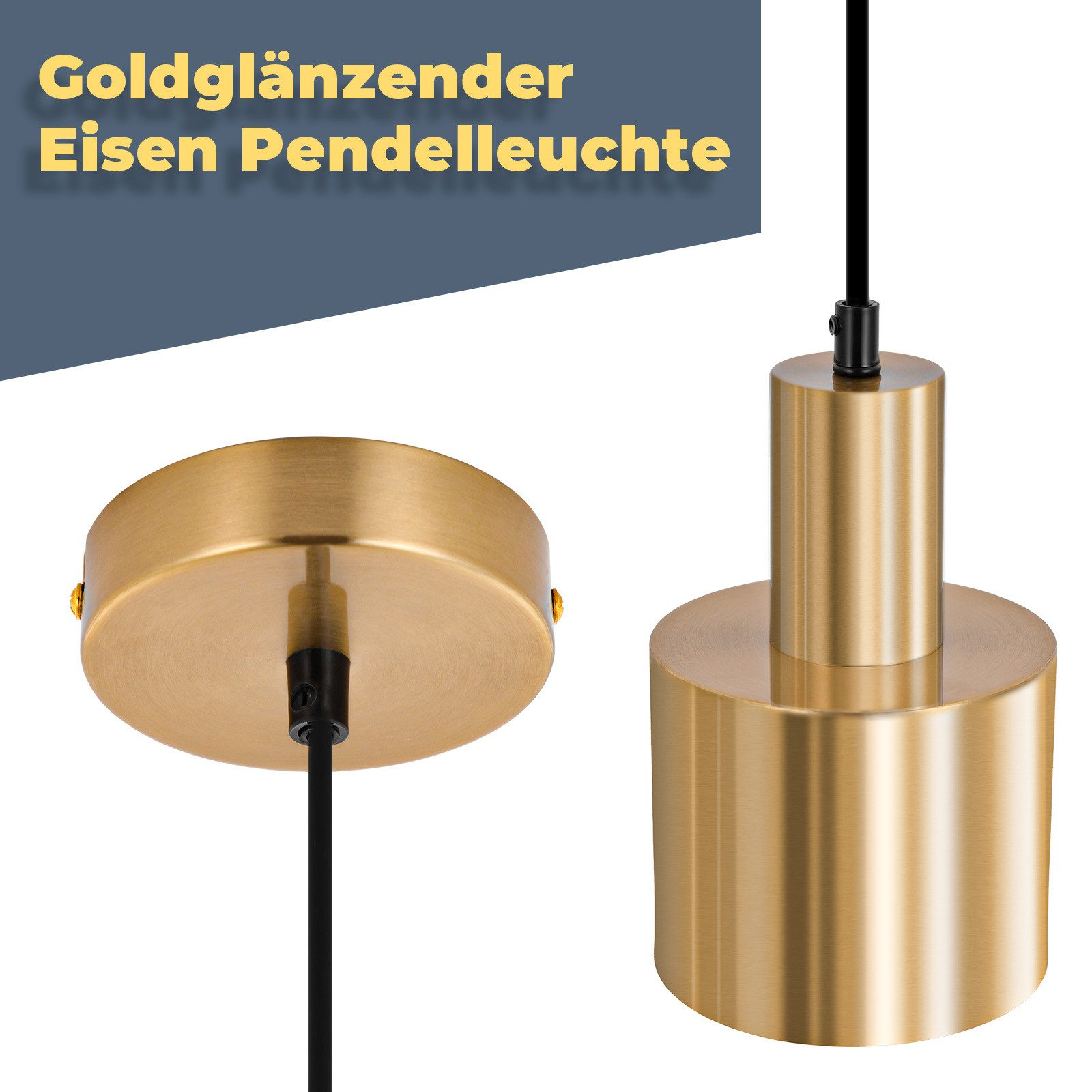 Eine goldfarbene Eisen-Pendelleuchte mit schwarzem Kabel und runder Deckenhalterung.