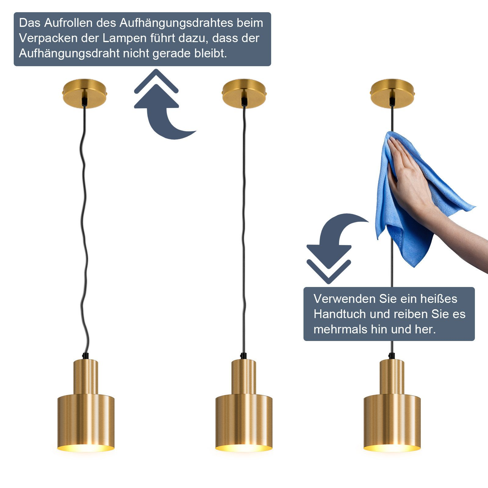 Drei Pendelleuchten aus Messing mit schwarzen Kabeln. Eine Hand wischt eine mit einem blauen Tuch ab. Anweisungen zeigen, wie man das Kabel begradigt.