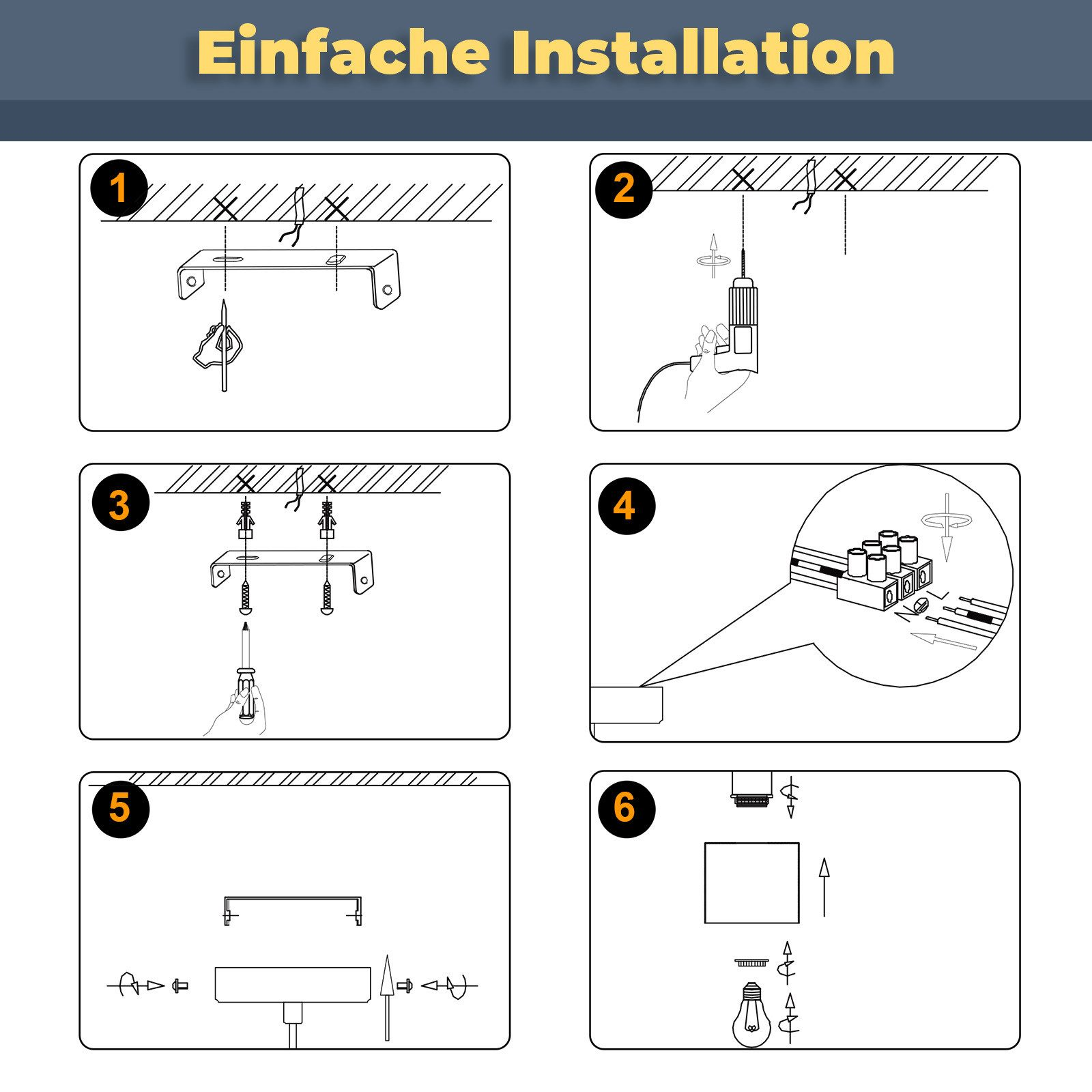 Diagramm mit einfachen Installationsschritten. Enthält Diagramme von Montagehalterungen, Verkabelung und Glühbirneninstallation.