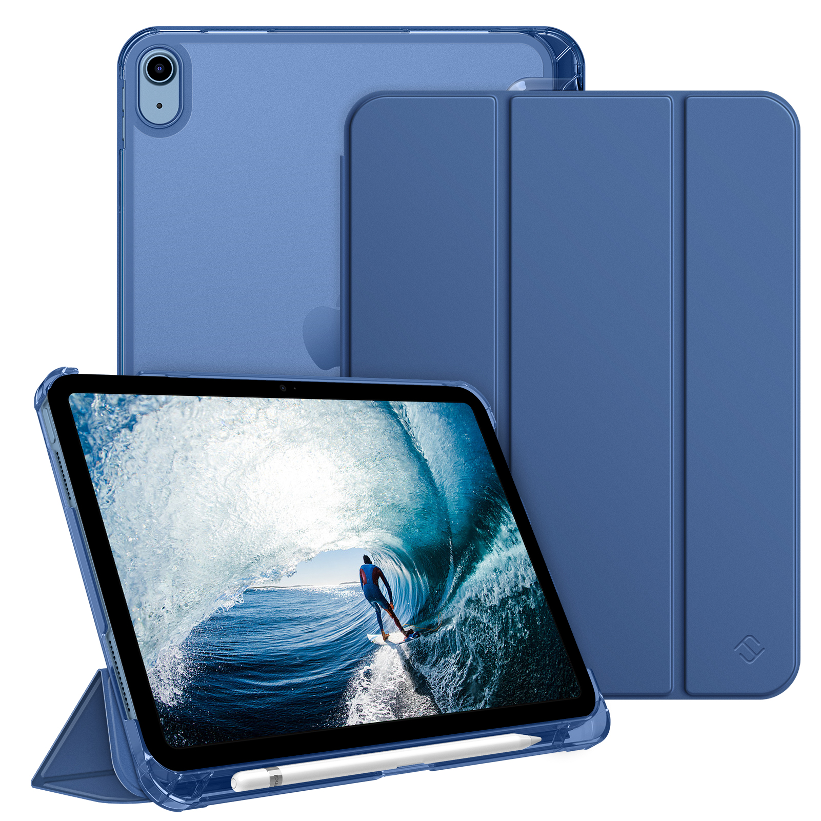 Blaue iPad-Hülle mit Surfbild auf dem Bildschirm. Ein weißer Stift ist ebenfalls sichtbar.