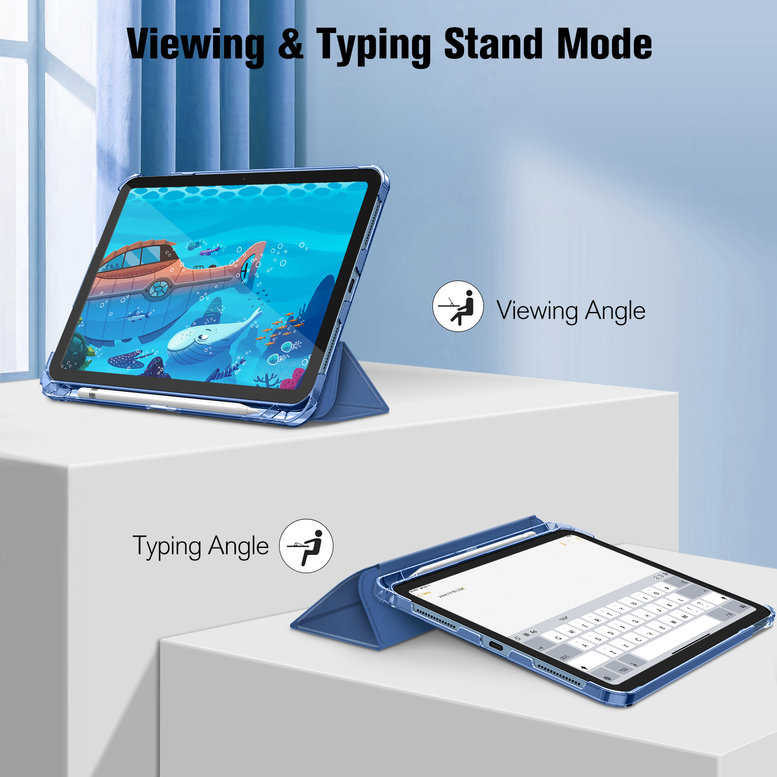 Zwei Tablets in blauen Hüllen, eines im Schreibmodus, eines im Anzeigemodus, auf einer weißen Oberfläche. Text zeigt die Standmodi.