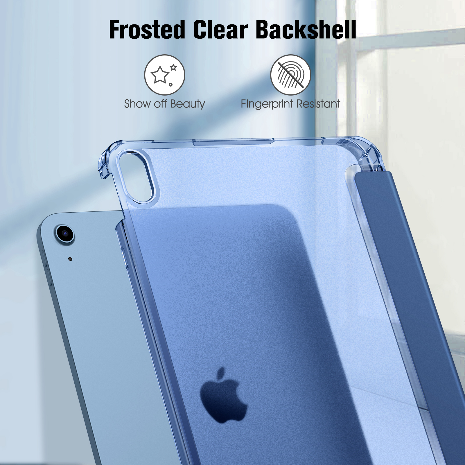 Ein blaues iPad mit einer transparenten Rückseite wird angezeigt. Die Hülle trägt die Aufschrift 'Frosted Clear Backshell'.