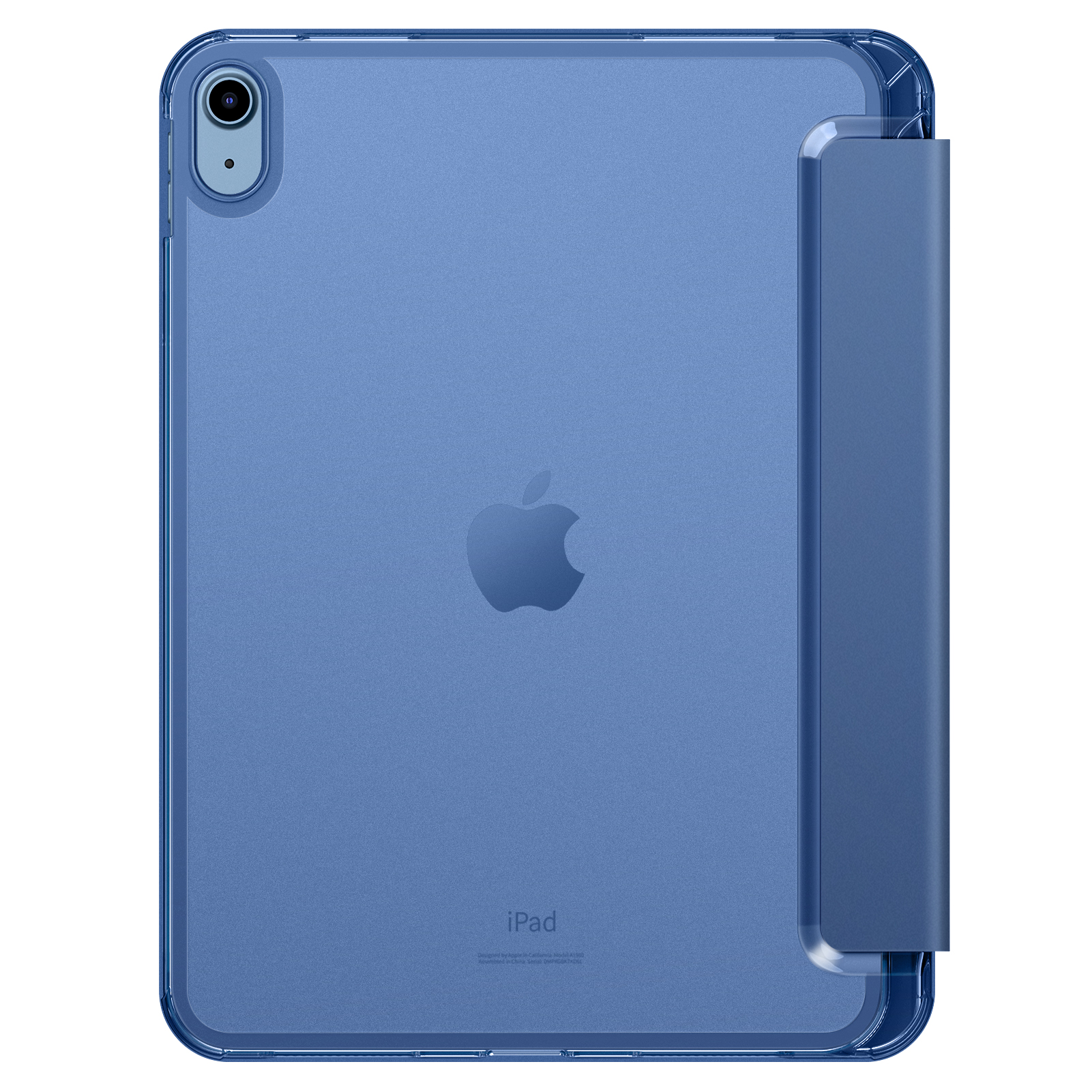 Blaues iPad mit Hülle. Die Rückseite zeigt ein Apple-Logo. Die Hülle ist transparent blau. Die Abdeckung ist zur Seite geklappt.