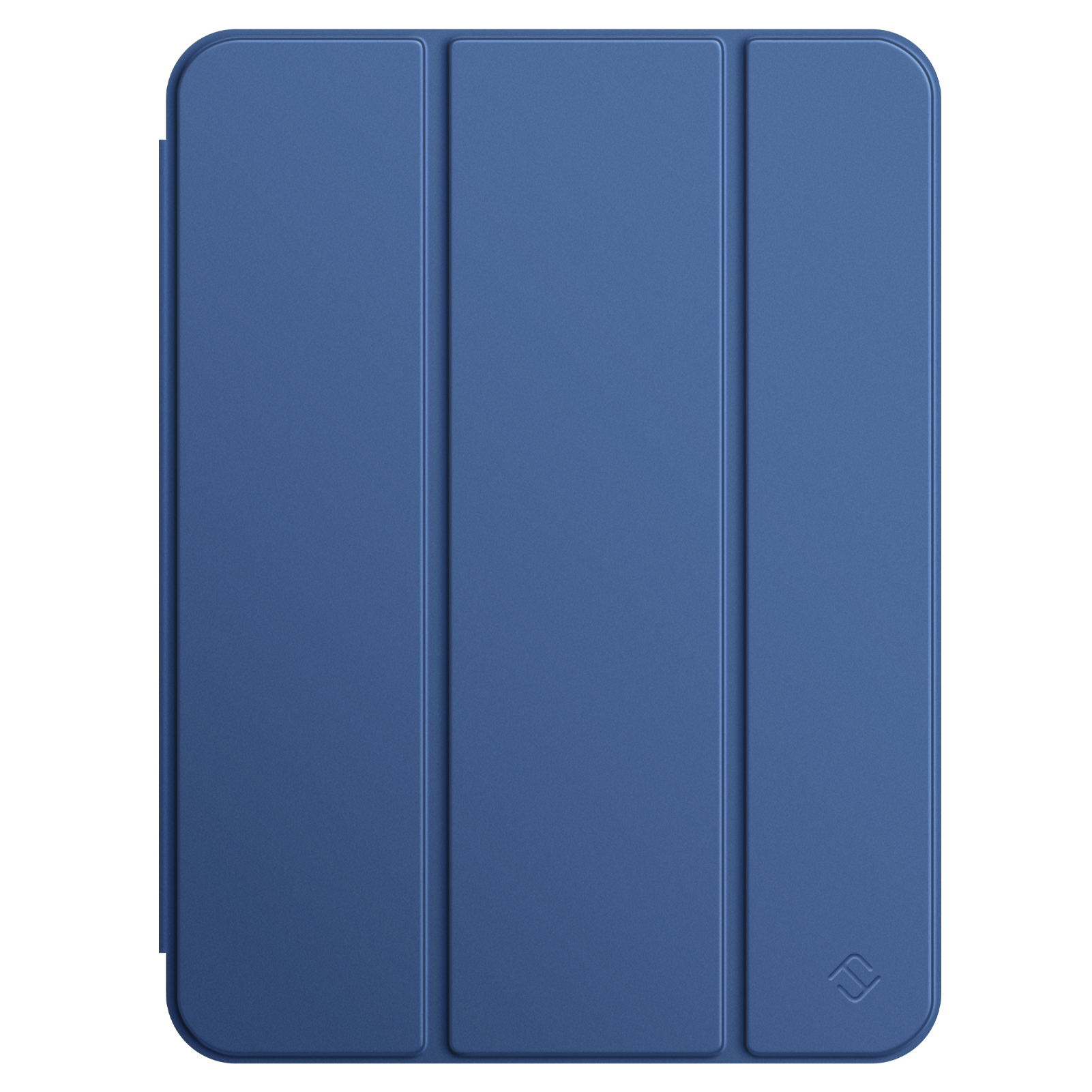 Eine blaue Tablet-Hülle. Sie hat drei Paneele mit abgerundeten Ecken. Die Hülle ist geschlossen und hat ein Logo.