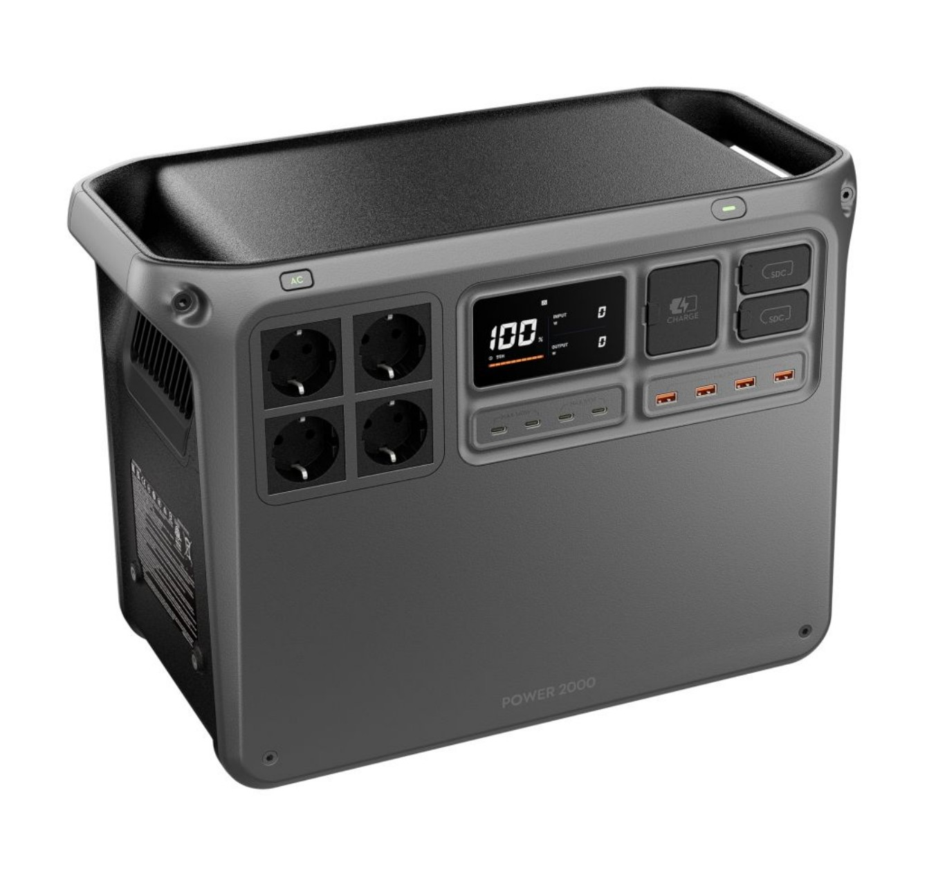 Ein dunkelgraues tragbares Kraftwerk mit Wechselstromsteckdosen, USB-Anschlüssen und einem Digitaldisplay mit 100 % Ladung.