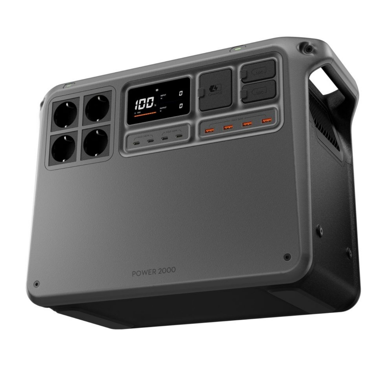 Graue tragbare Powerstation mit mehreren Ausgangsanschlüssen, einem Digitaldisplay mit 100 % und Steckdosen. Das Gerät trägt die Aufschrift 'POWER 2000'.